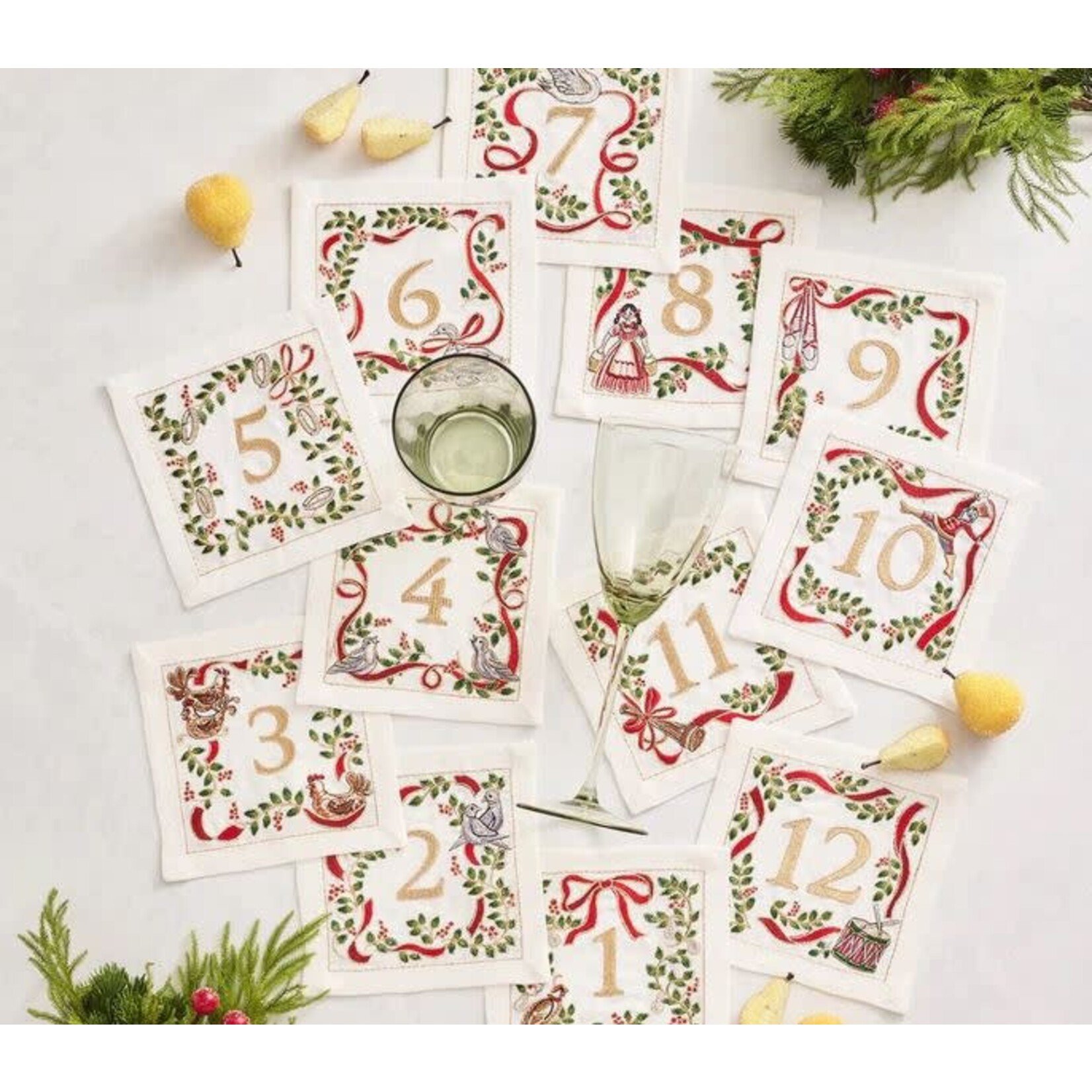 Kim Seybert Xmas Carol Cocktail Napkin in White Red Green Set of 12