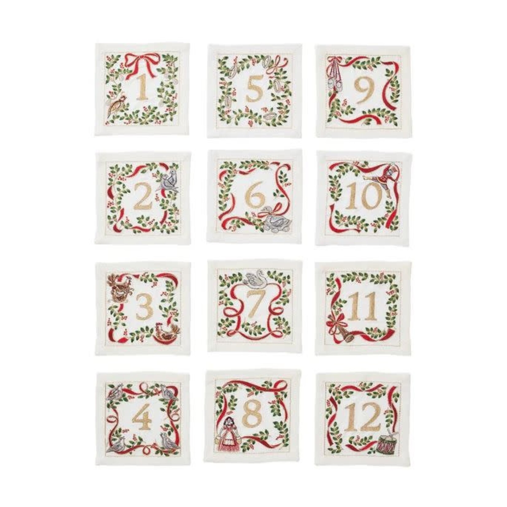 Kim Seybert Xmas Carol Cocktail Napkin in White Red Green Set of 12