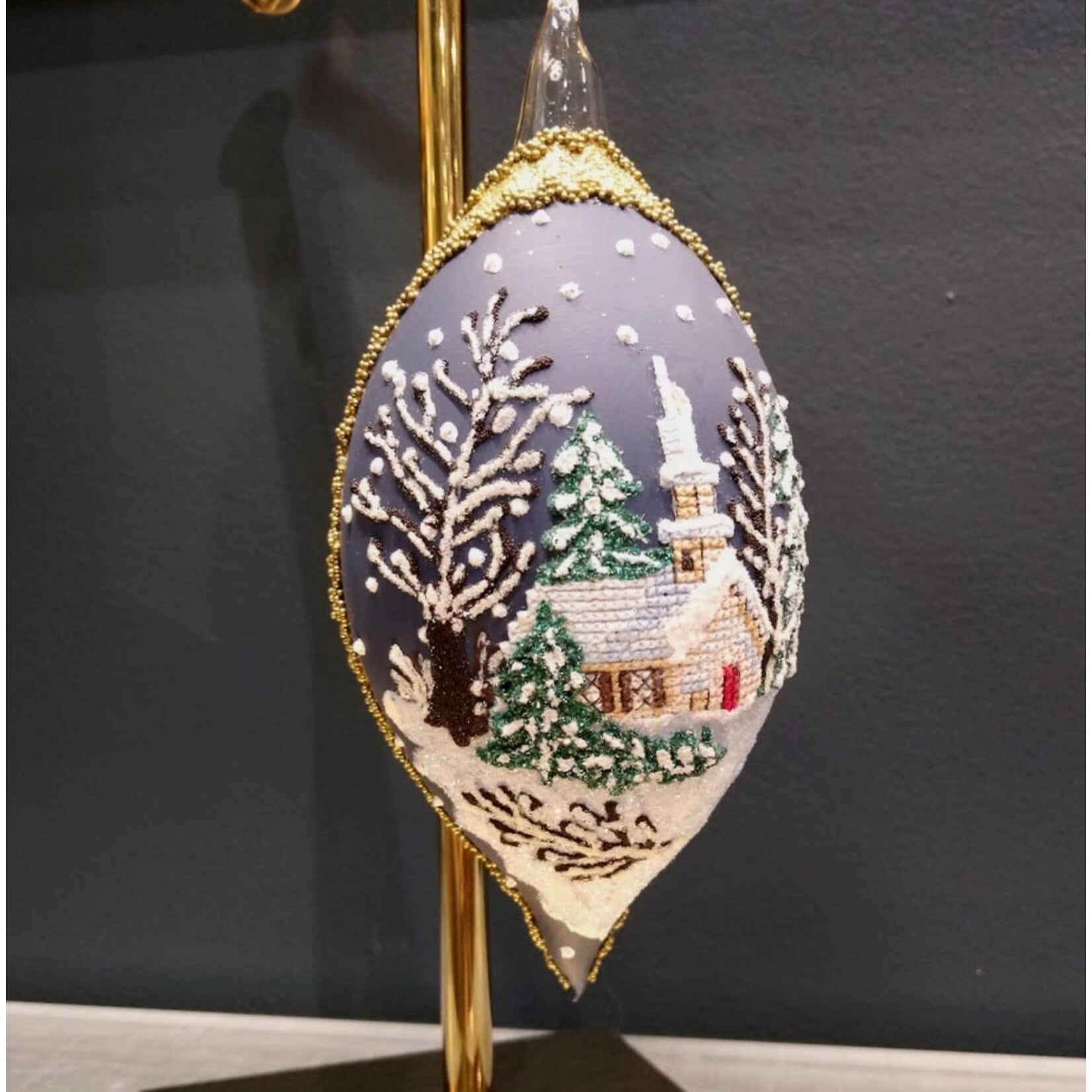 Peter Priess Handcrafted Snowy Christmas Scene Drop Ornament