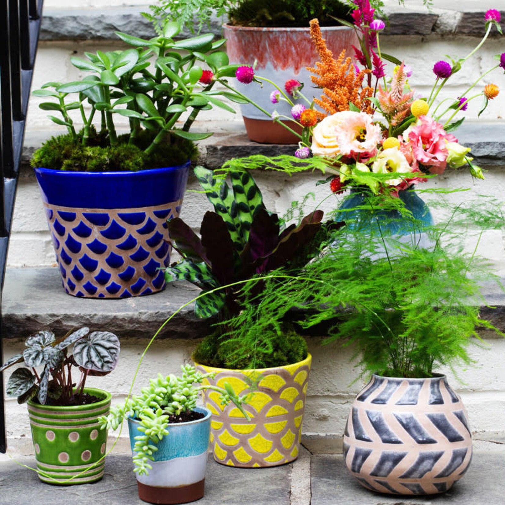 Vietri Garden Geo Aqua Blue Glazed Cachepot - Large 9.75" x 9.25"