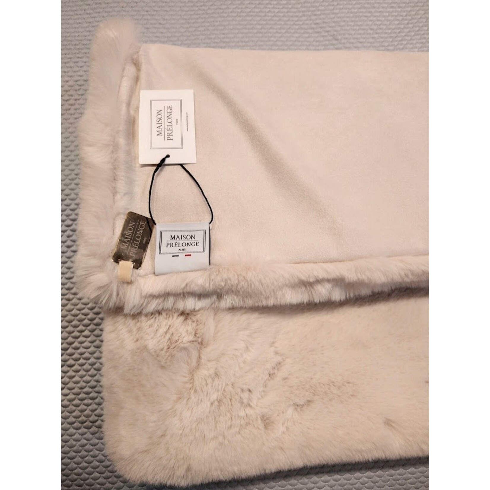 Evelyne Prelonge Cream Faux Fur Plaid Throw Blanket
