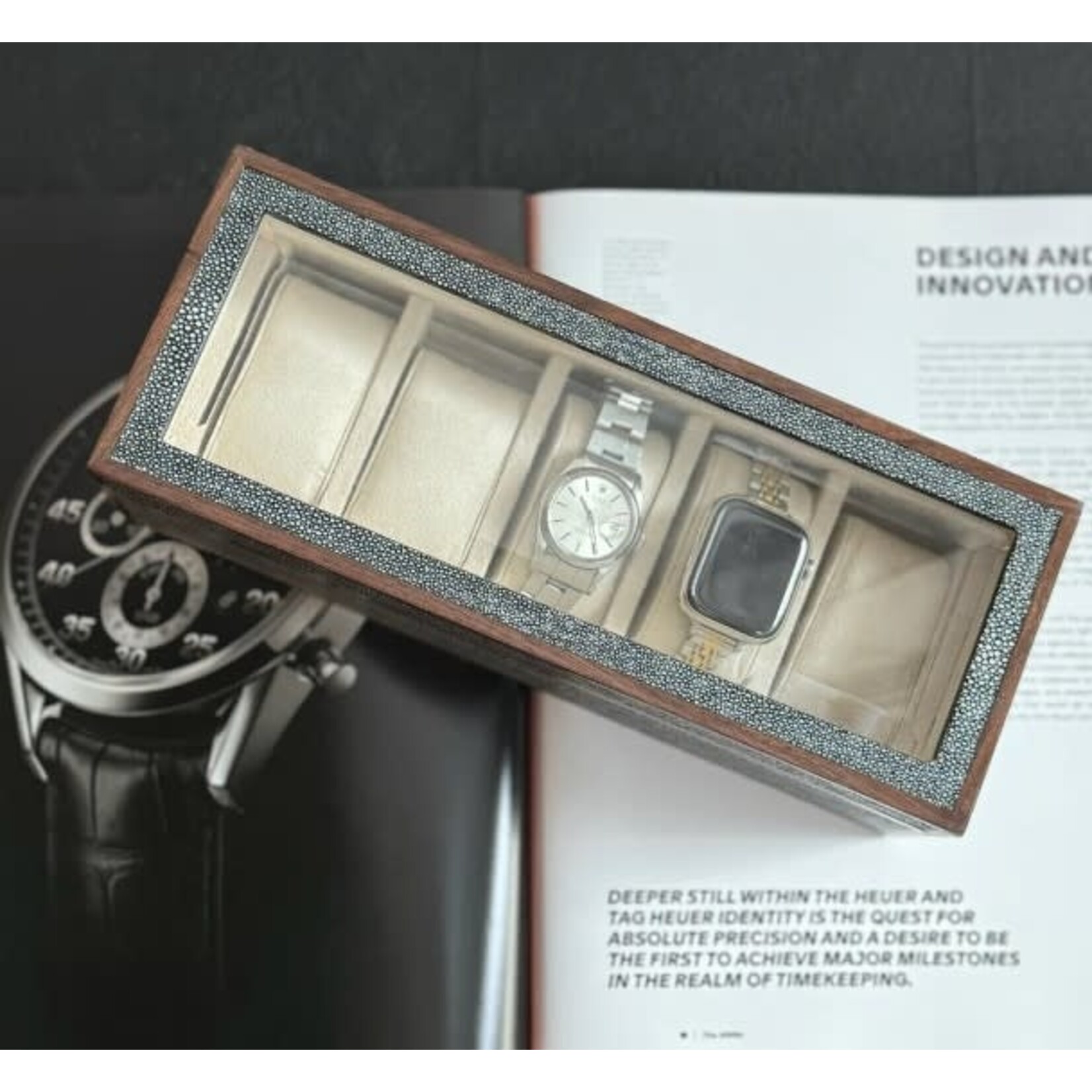 Pigeon and Poodle Elmbridge Cool Gray 5 Watch Box Faux Shagreen Glass