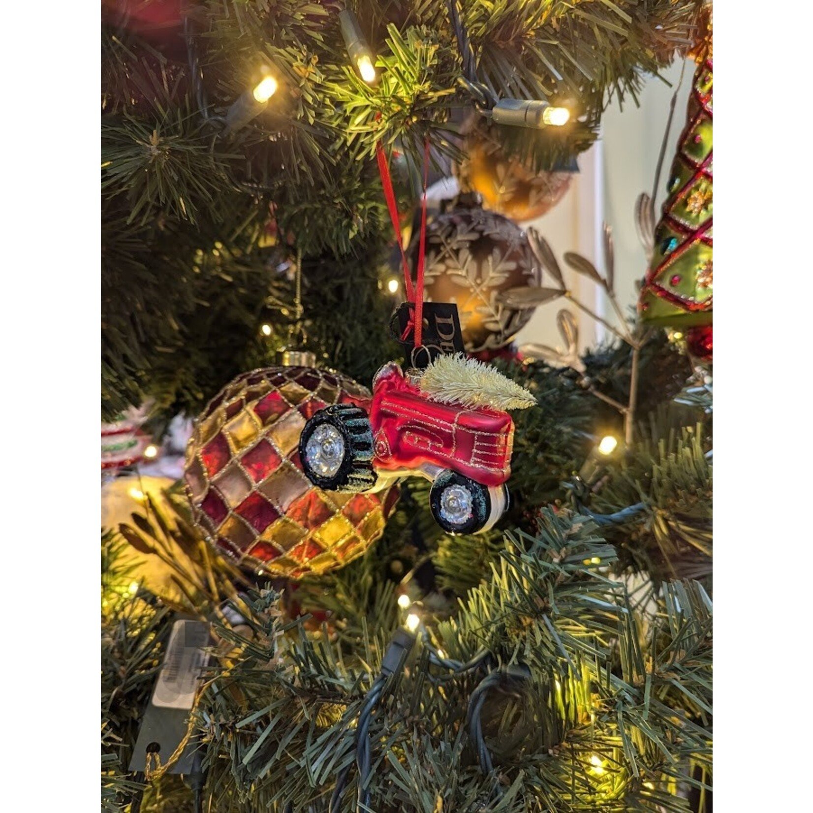 Shishi LLC Glass Red Tractor & Christmas Tree Ornament