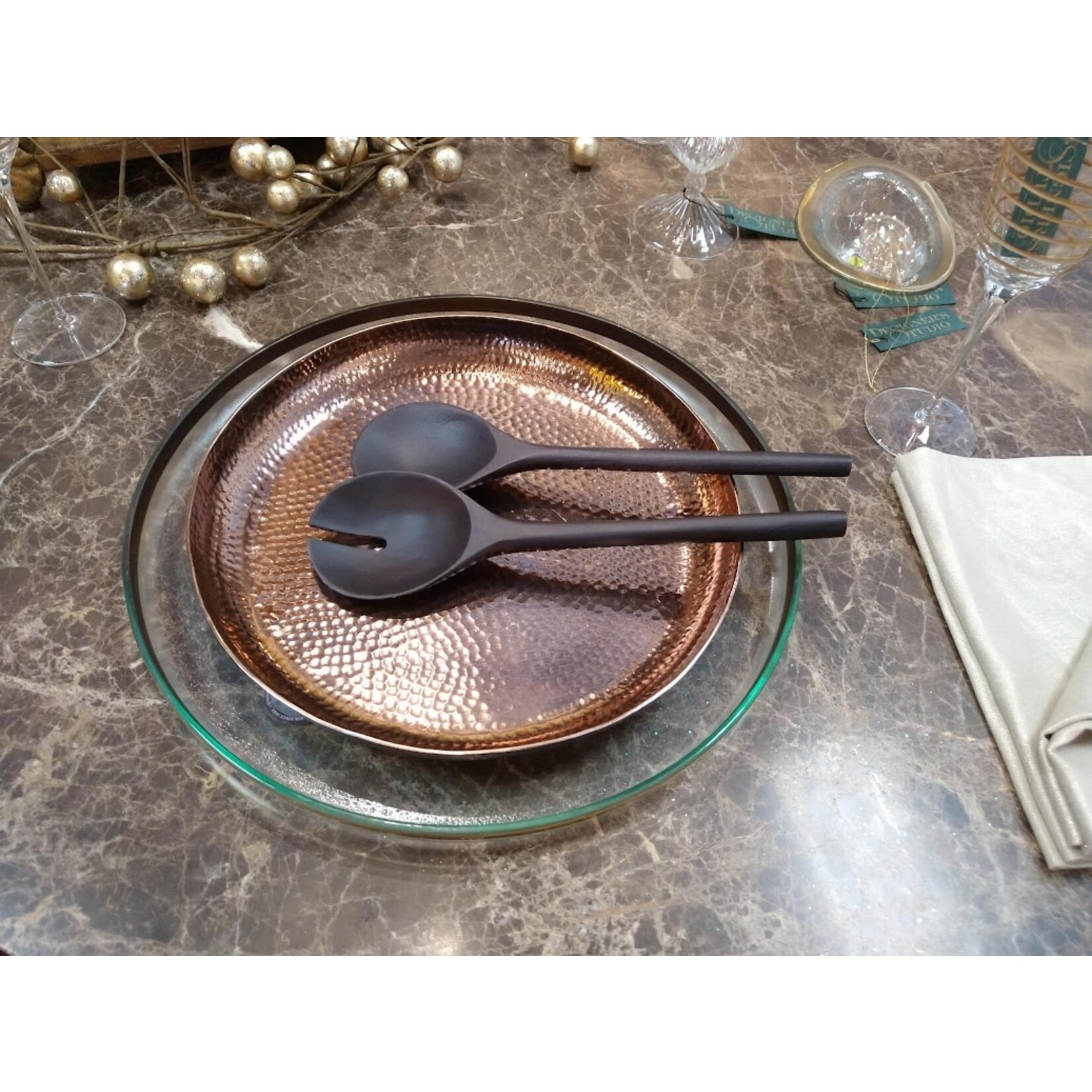 Just Slate Company Copper Serving Bowl with Black Wooden Serving Spoons
