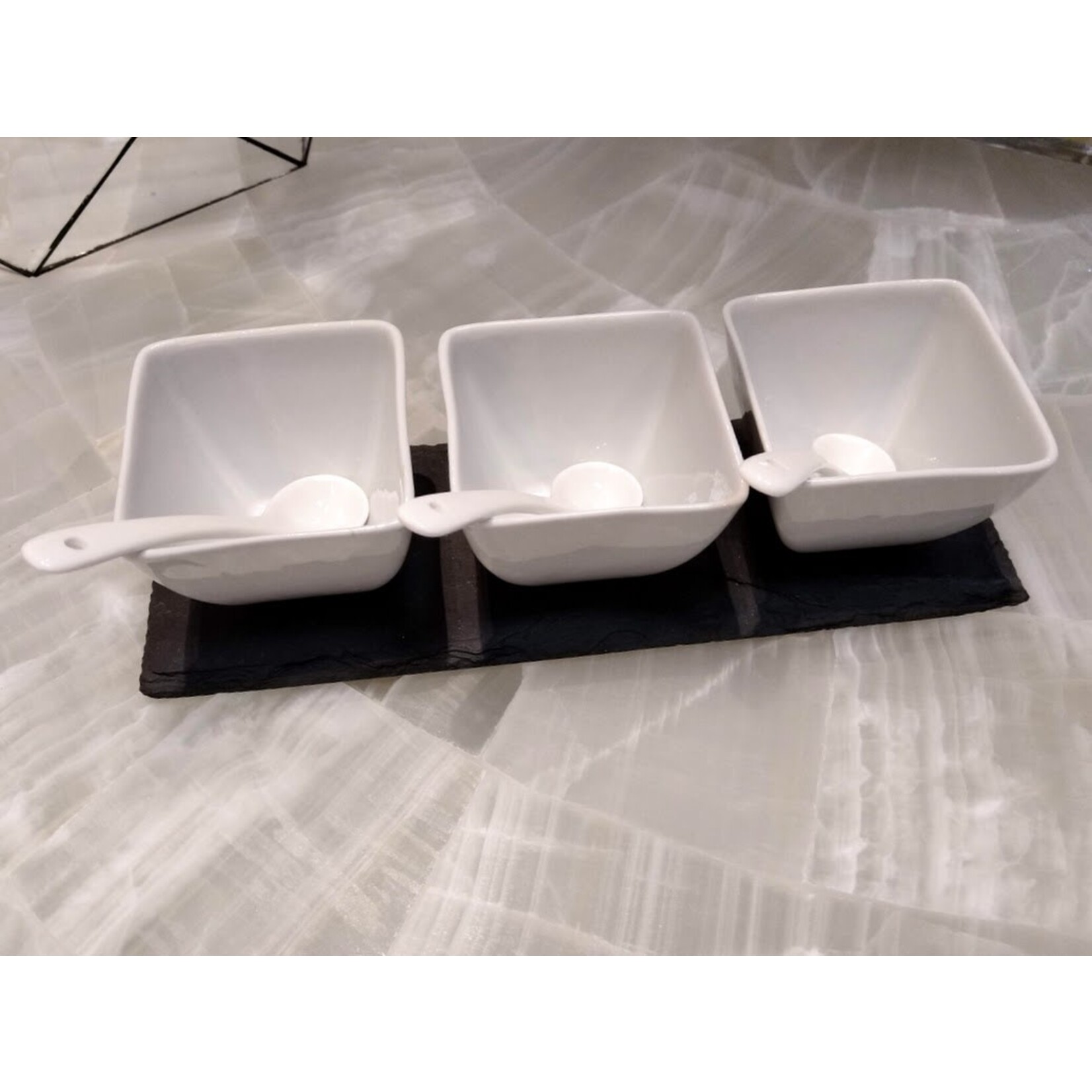 Just Slate Company Ceramic Condiment Pots & Spoons on Slate Base