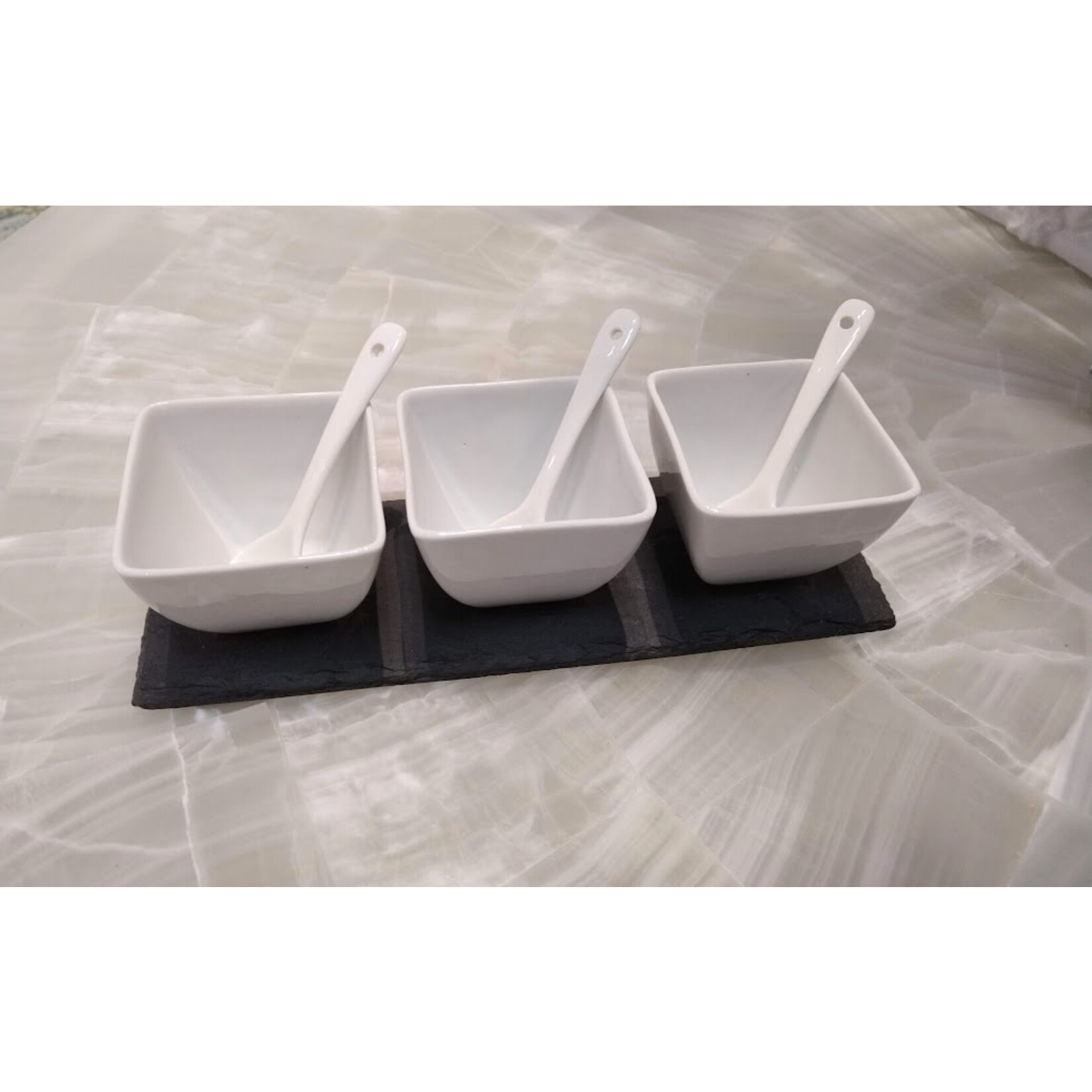 Just Slate Company Ceramic Condiment Pots & Spoons on Slate Base