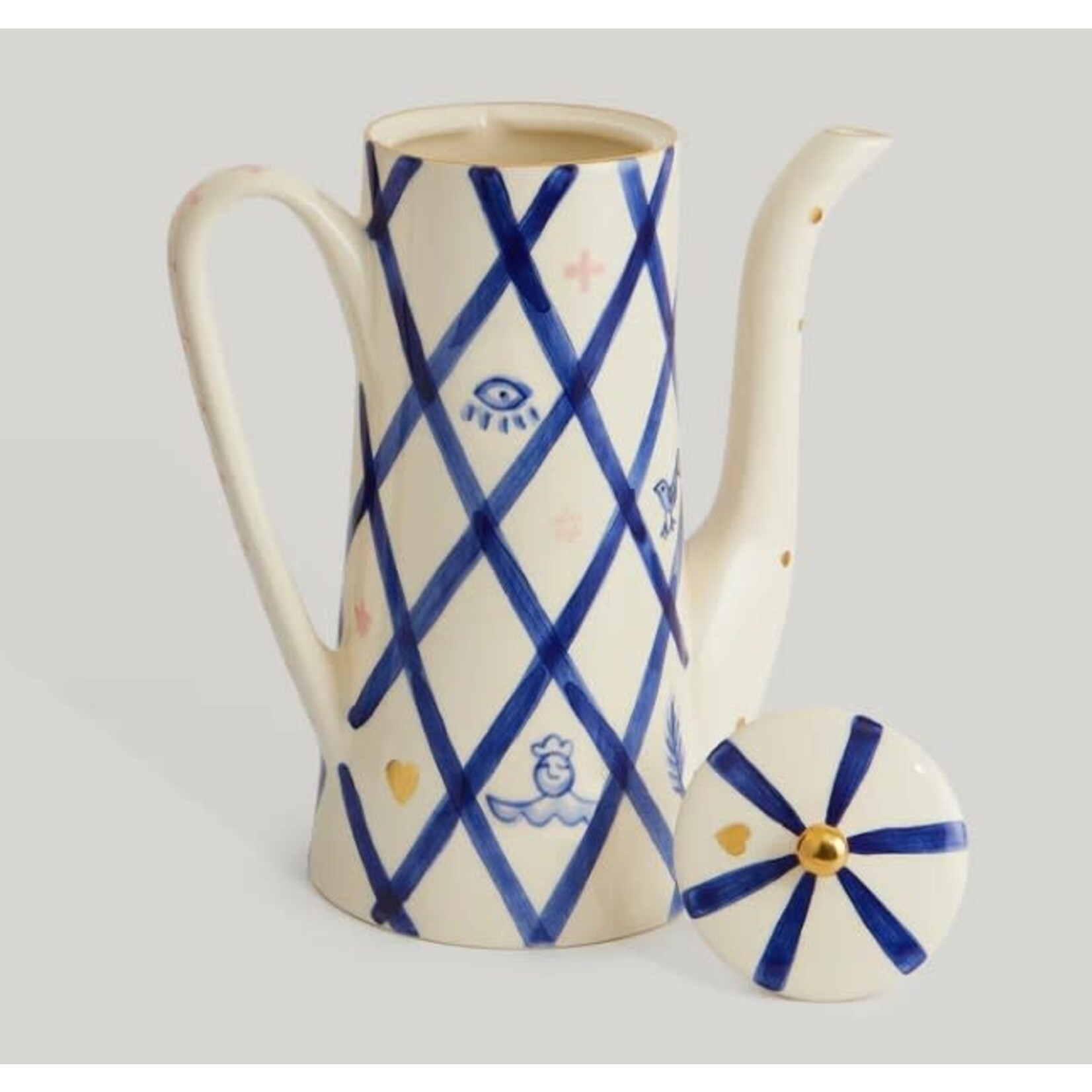 Gunia Project Hand Painted White Blue & Gold Rabbit Teapot