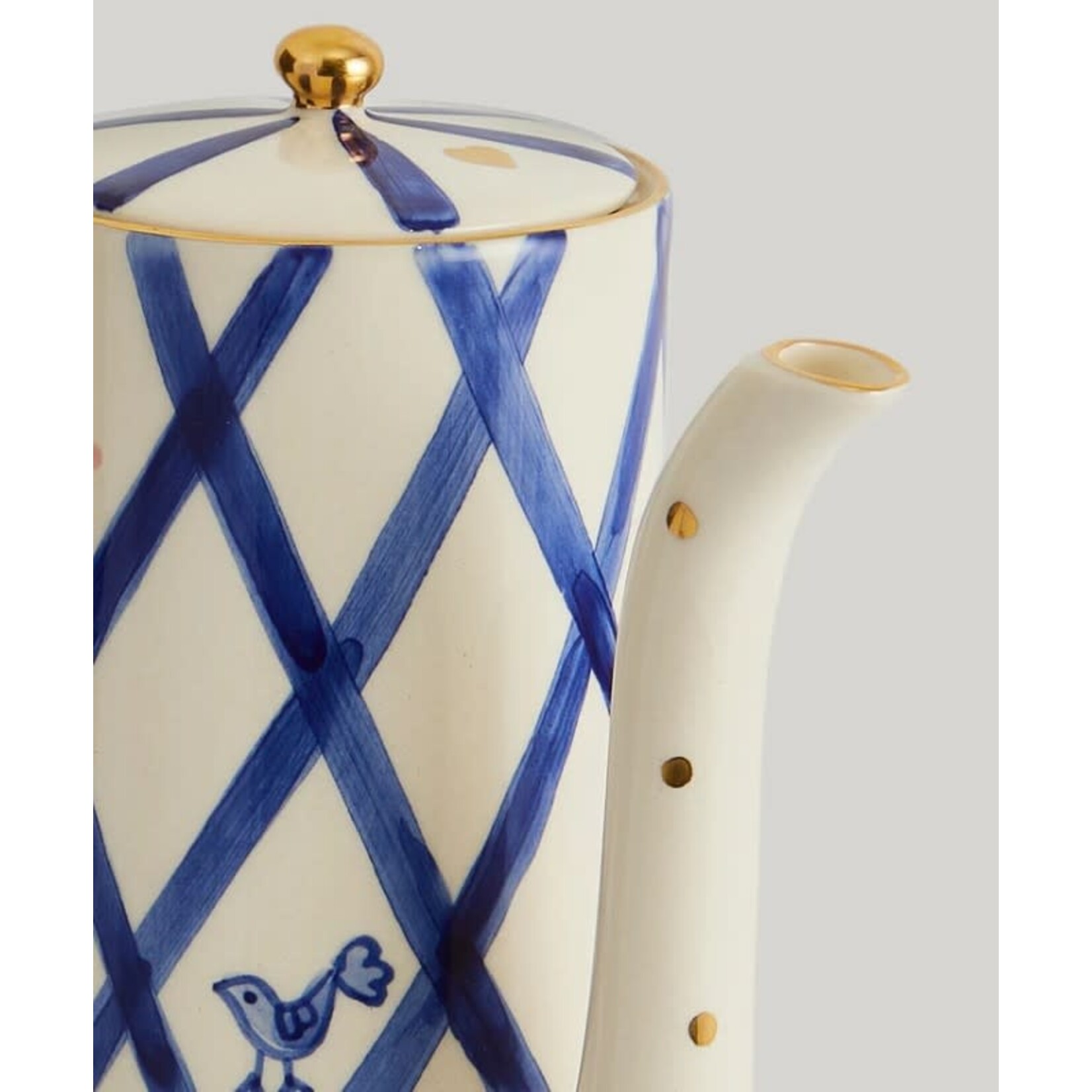 Gunia Project Hand Painted White Blue & Gold Rabbit Teapot