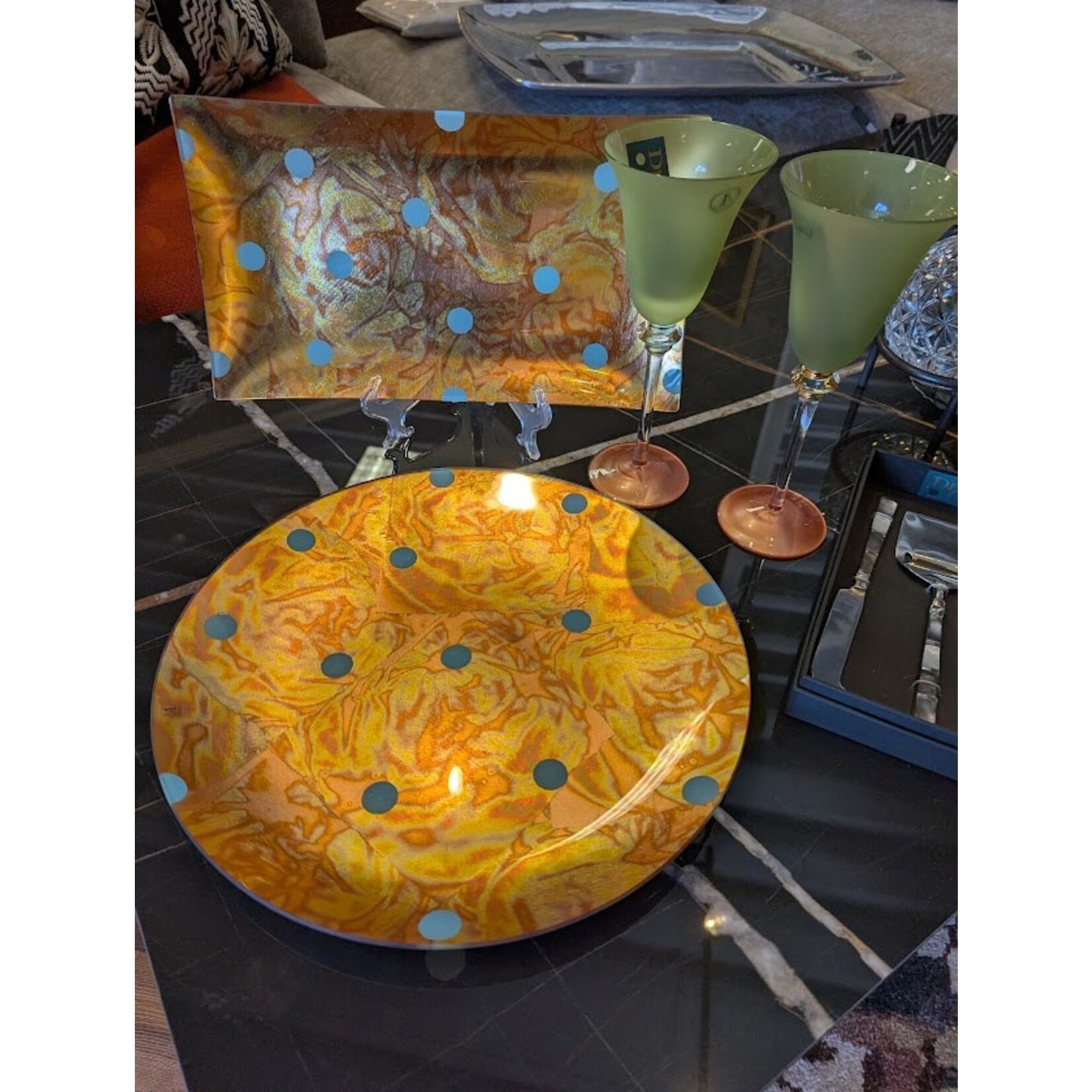 Alan Lee Collection Polka Dots Round Platter Copper Turquoise