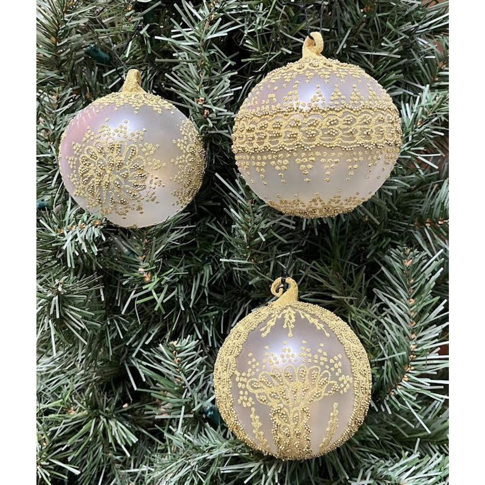 Peter Priess Hand Painted Gold Beaded Christmas Ball Ornament