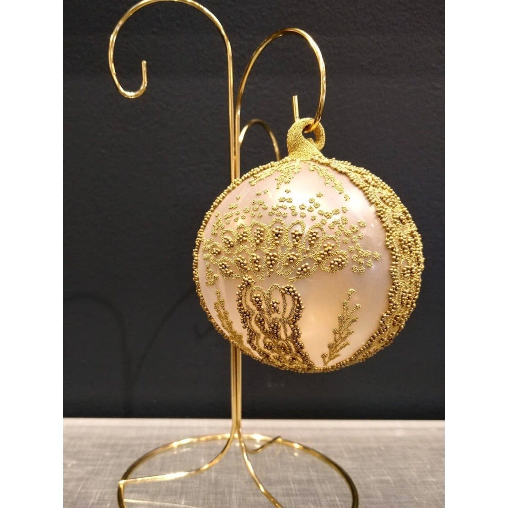 Peter Priess Hand Painted Gold Beaded Christmas Ball Ornament