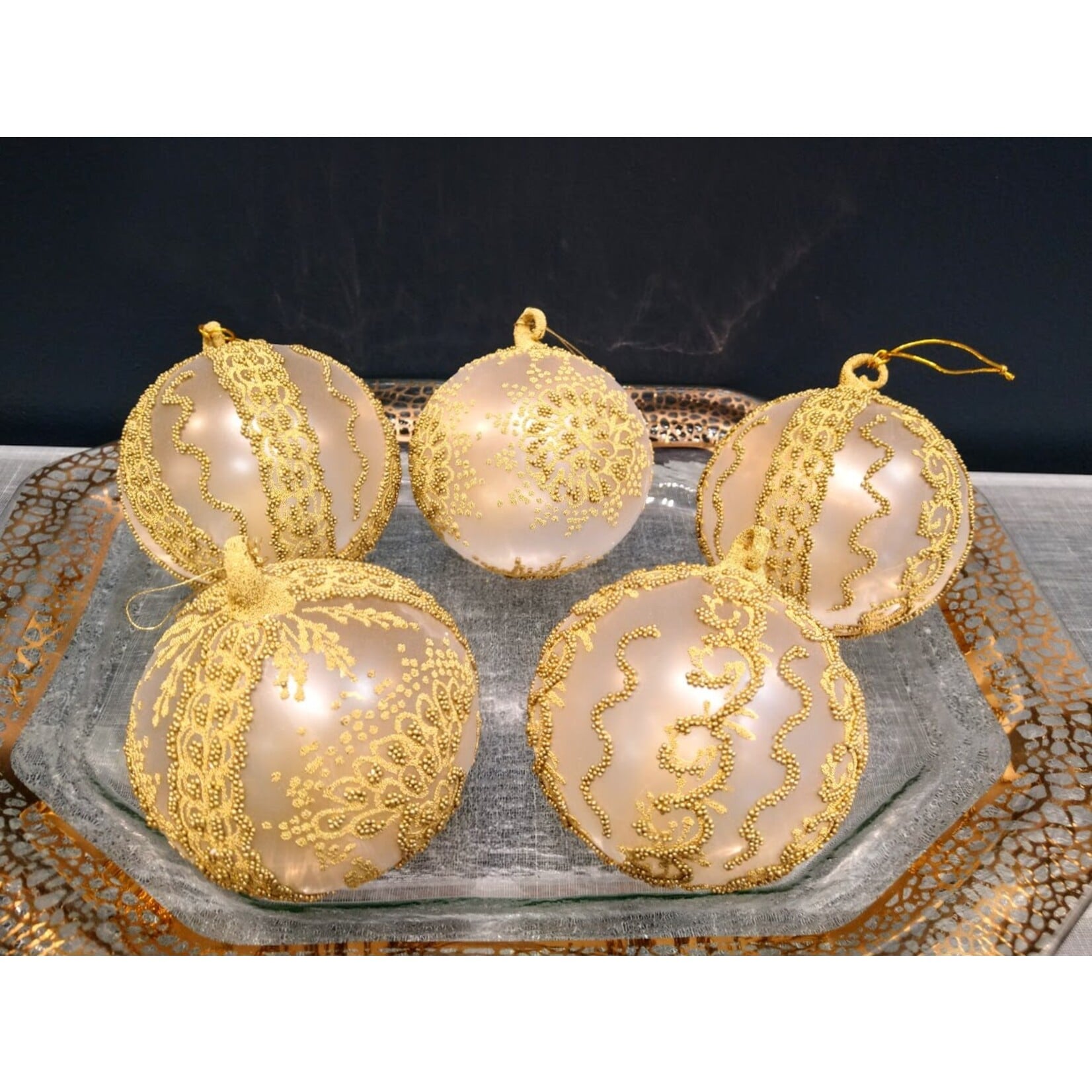 Peter Priess Hand Painted Gold Beaded Christmas Ball Ornament