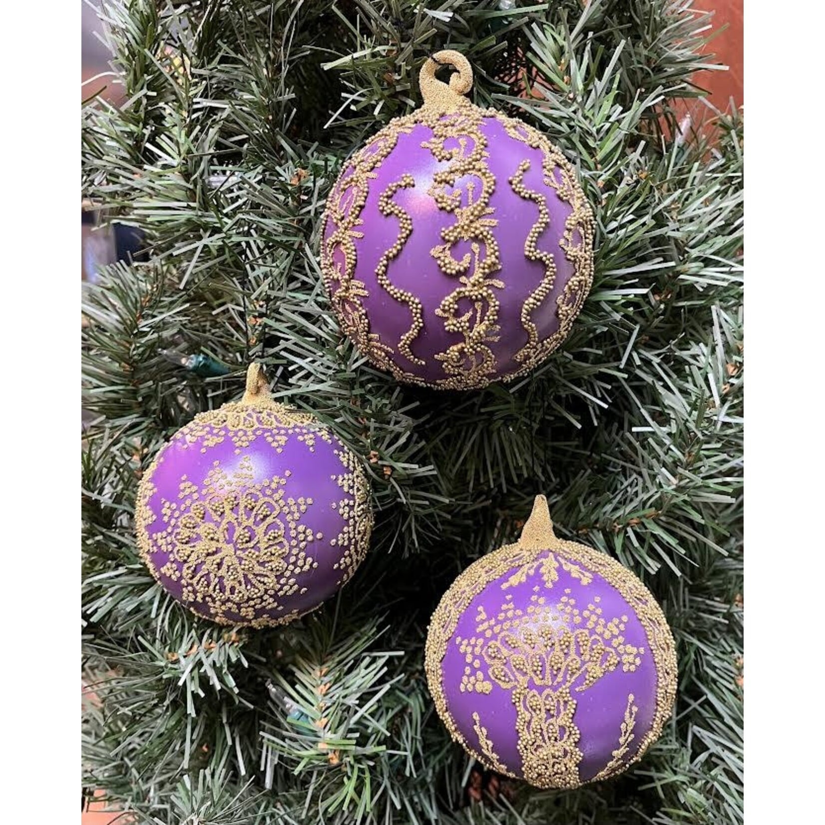 Peter Priess Hand Painted Purple & Gold Beaded Lace Ball Ornament