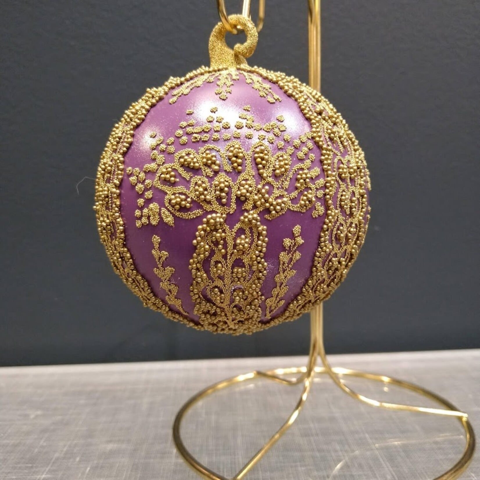 Peter Priess Hand Painted Purple & Gold Beaded Lace Ball Ornament