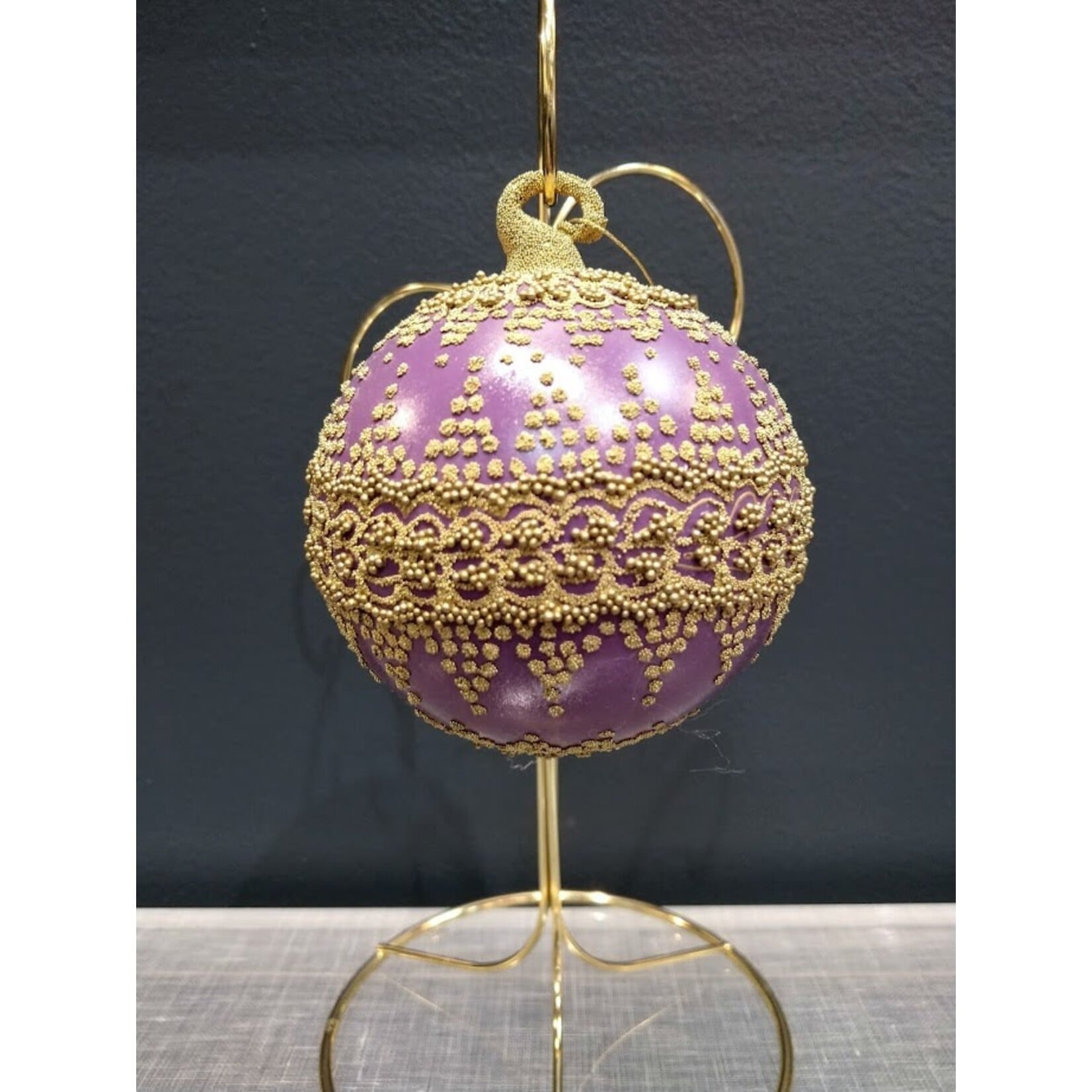 Peter Priess Hand Painted Purple & Gold Beaded Lace Ball Ornament