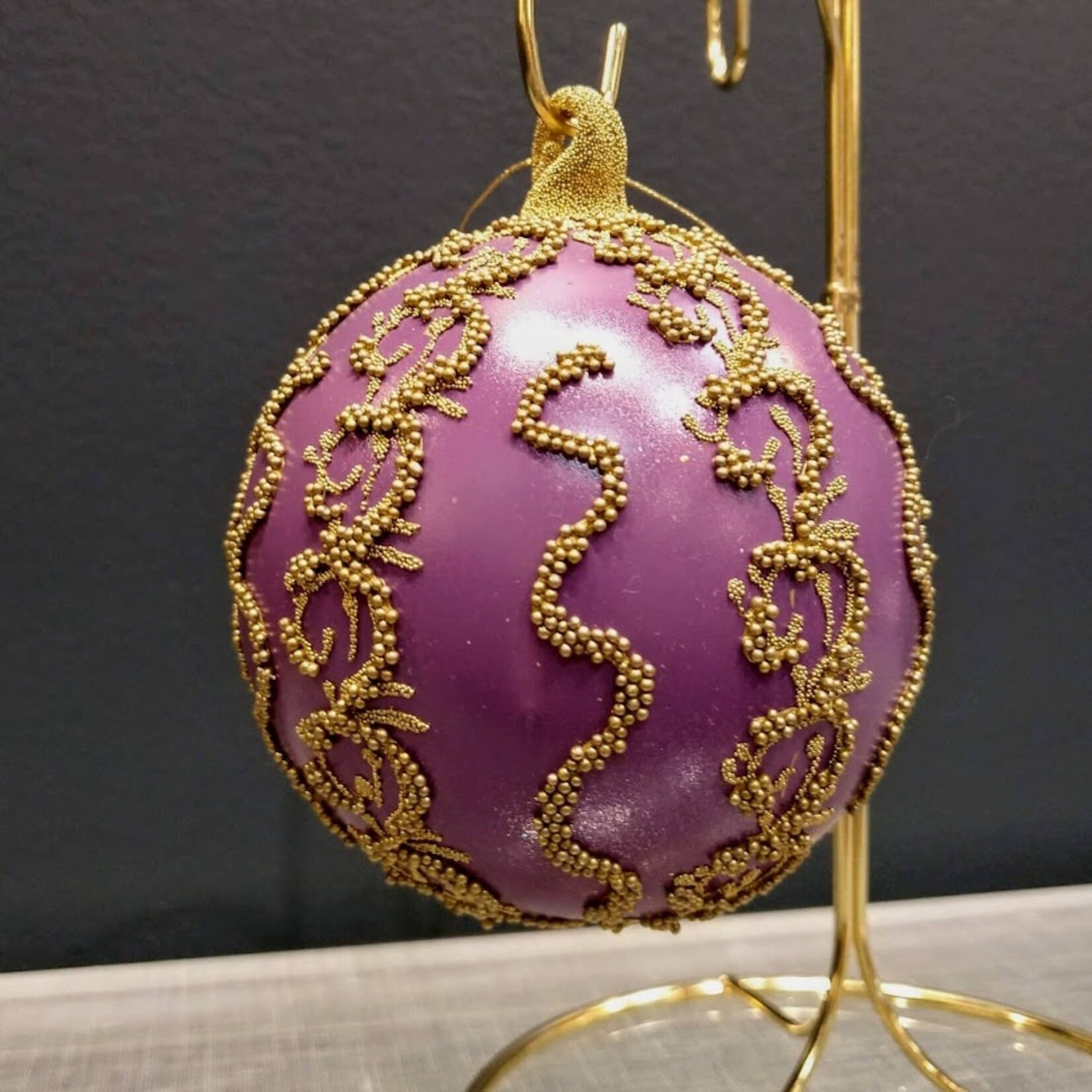 Peter Priess Hand Painted Purple & Gold Beaded Lace Ball Ornament