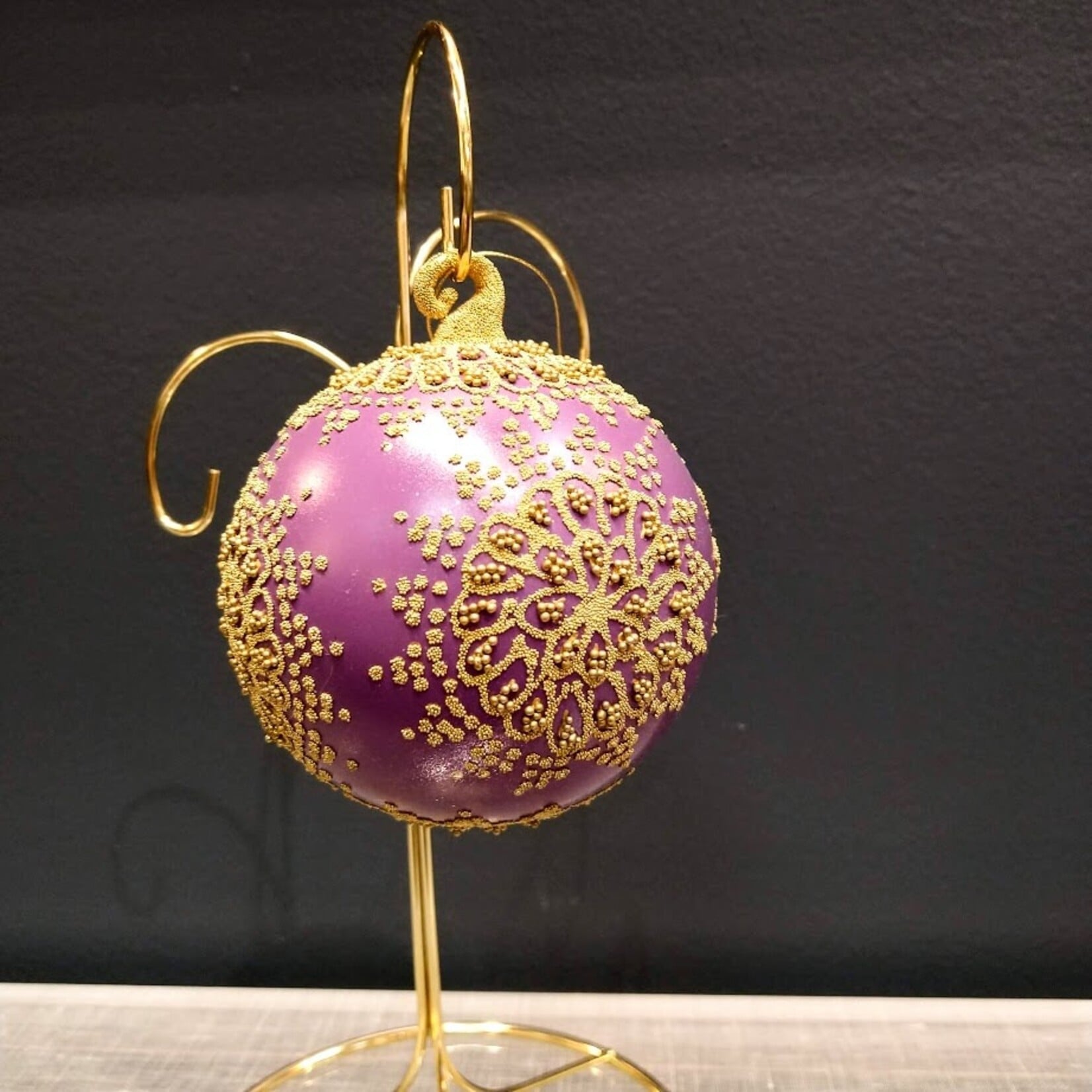 Peter Priess Hand Painted Purple & Gold Beaded Lace Ball Ornament
