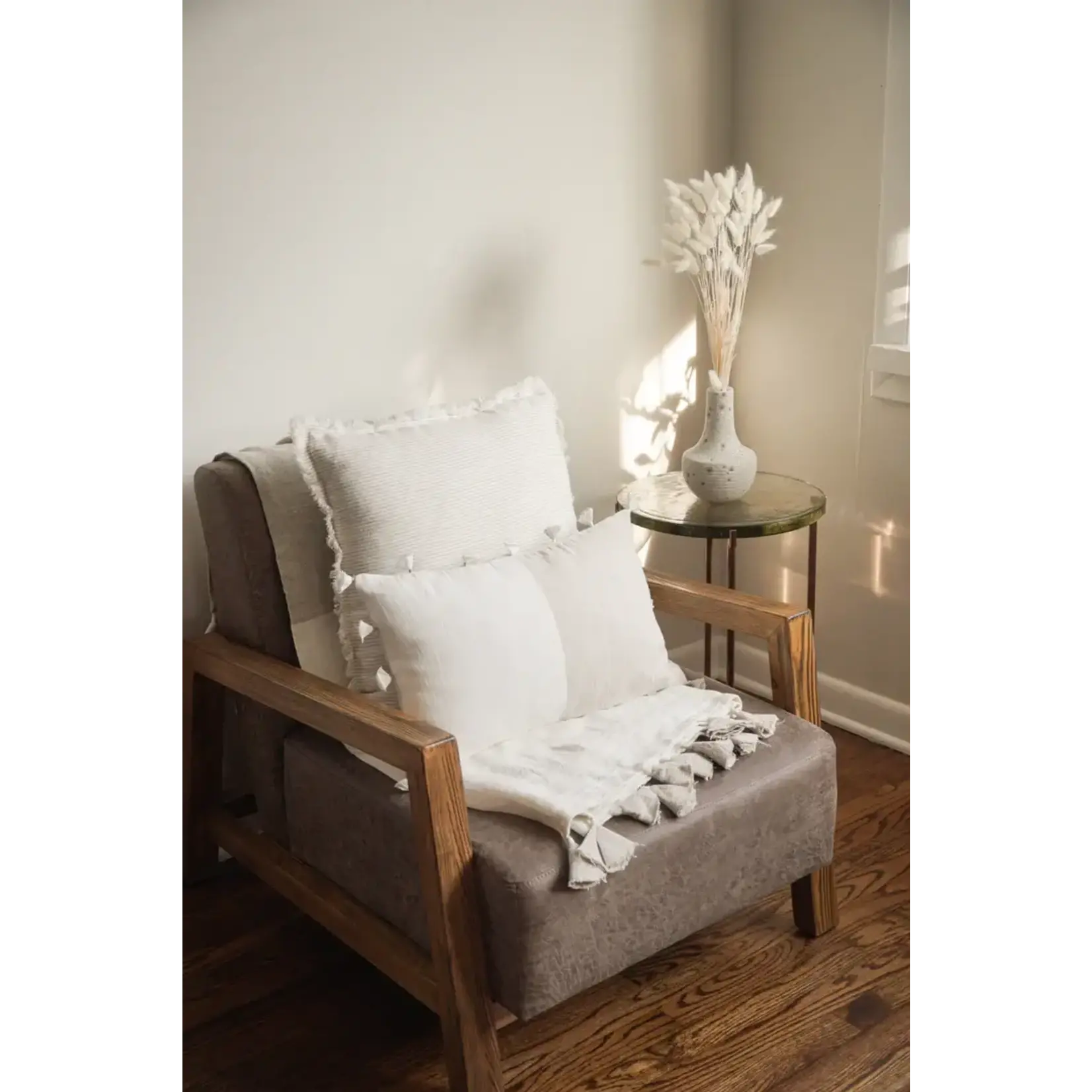 Anaya Natural Beige & White Striped 26x26 Down So Soft Linen Pillow