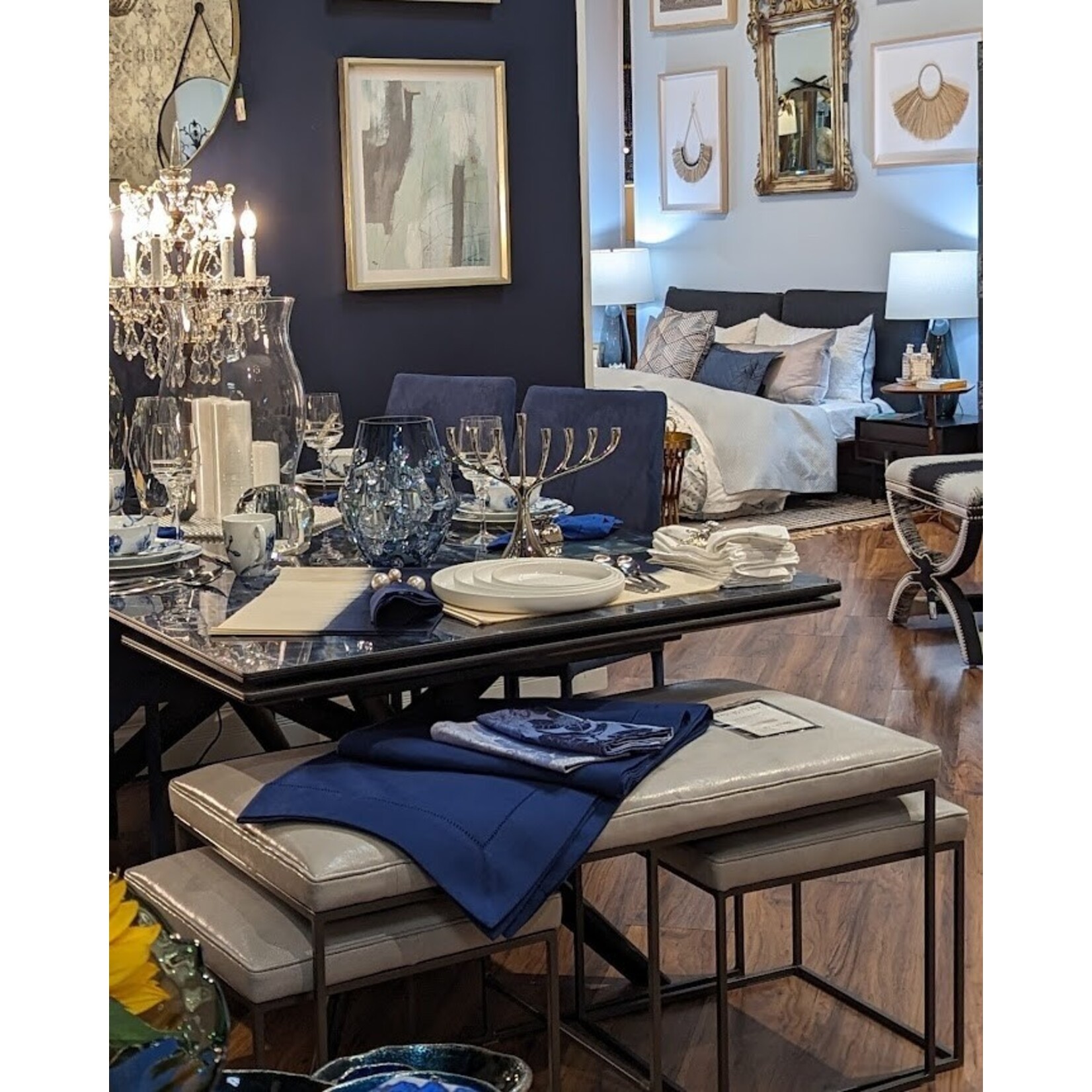 Saro Trading Company Navy Blue Hemstitched Tablecloth 90x90