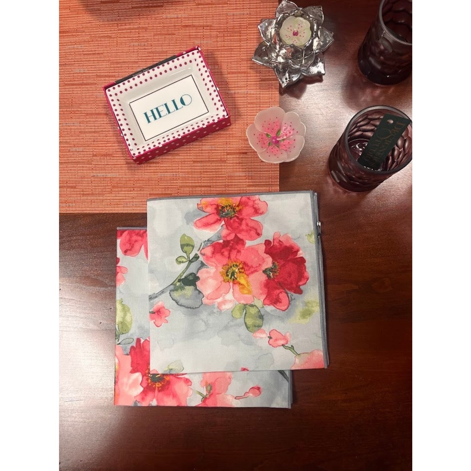 Karen Lee Ballard Grey & Pink Floral Linen Napkin