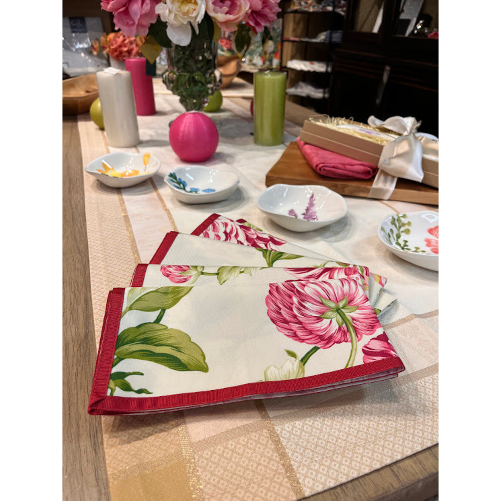 Karen Lee Ballard Raspberry Floral Ribbon Linen Napkin