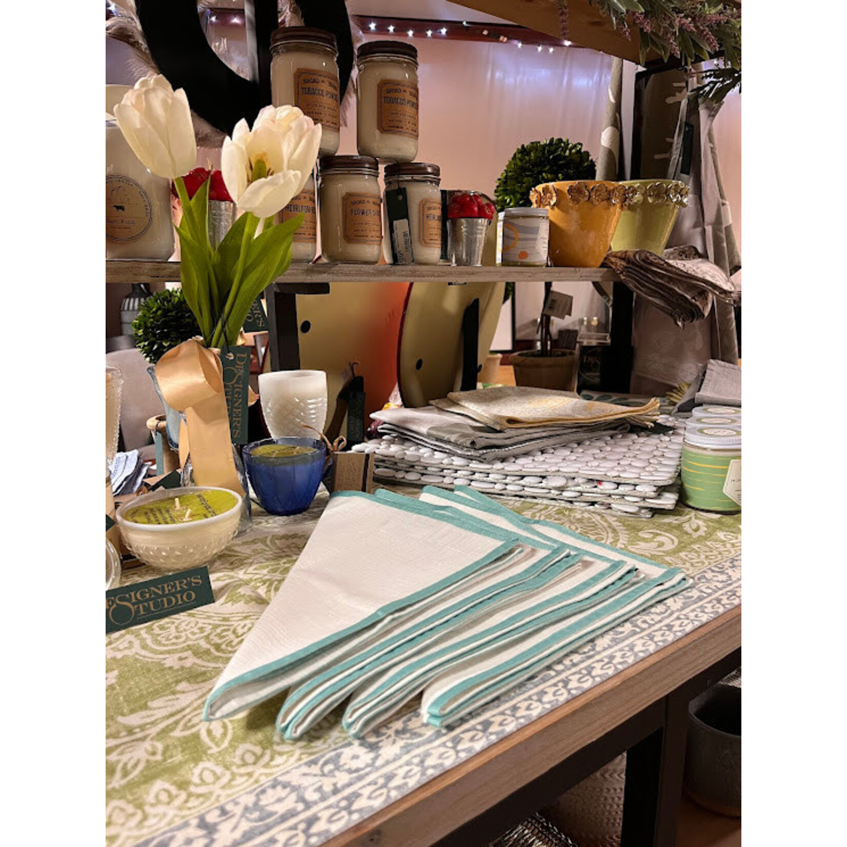 Karen Lee Ballard Swing Natural Napkin with Seafoam Ribbon