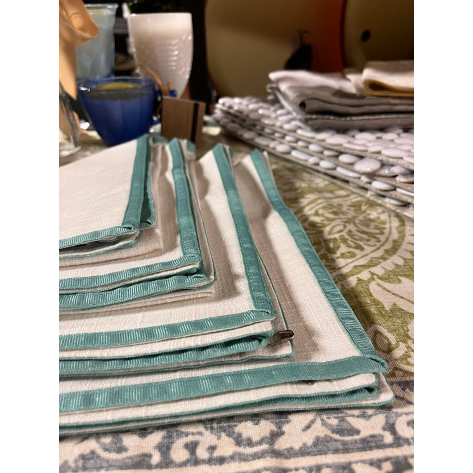 Karen Lee Ballard Swing Natural Napkin with Seafoam Ribbon