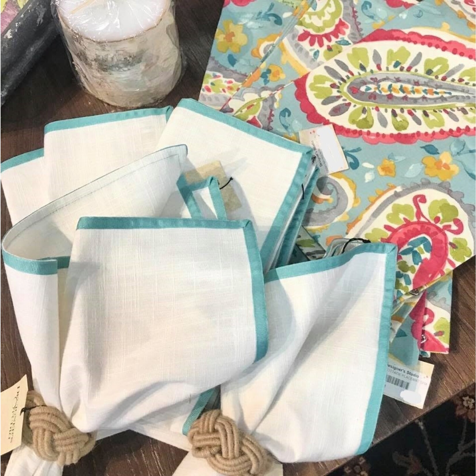 Karen Lee Ballard Swing Natural Napkin with Seafoam Ribbon