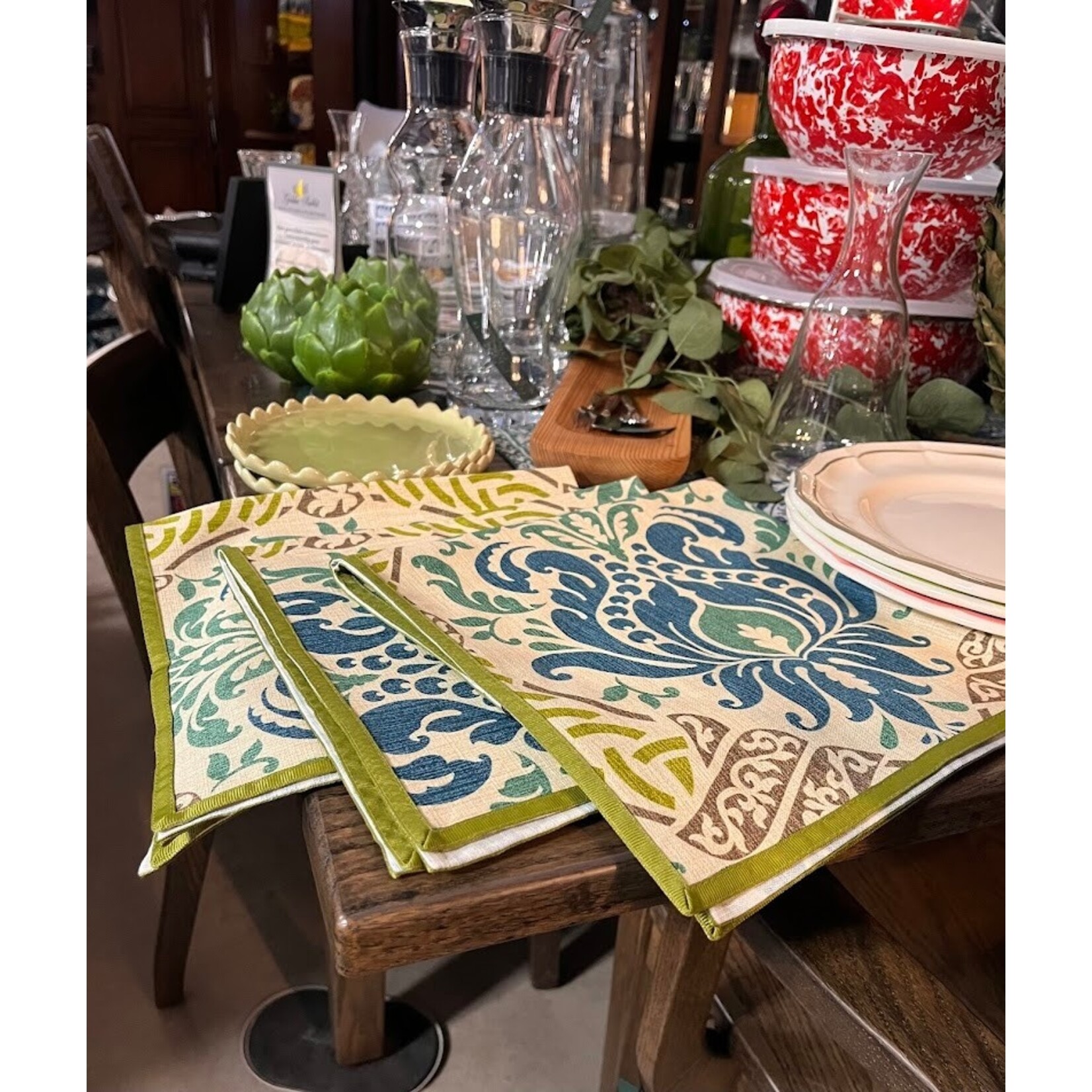 Karen Lee Ballard Peacock Teal Green Ribbon Damask Linen Napkin