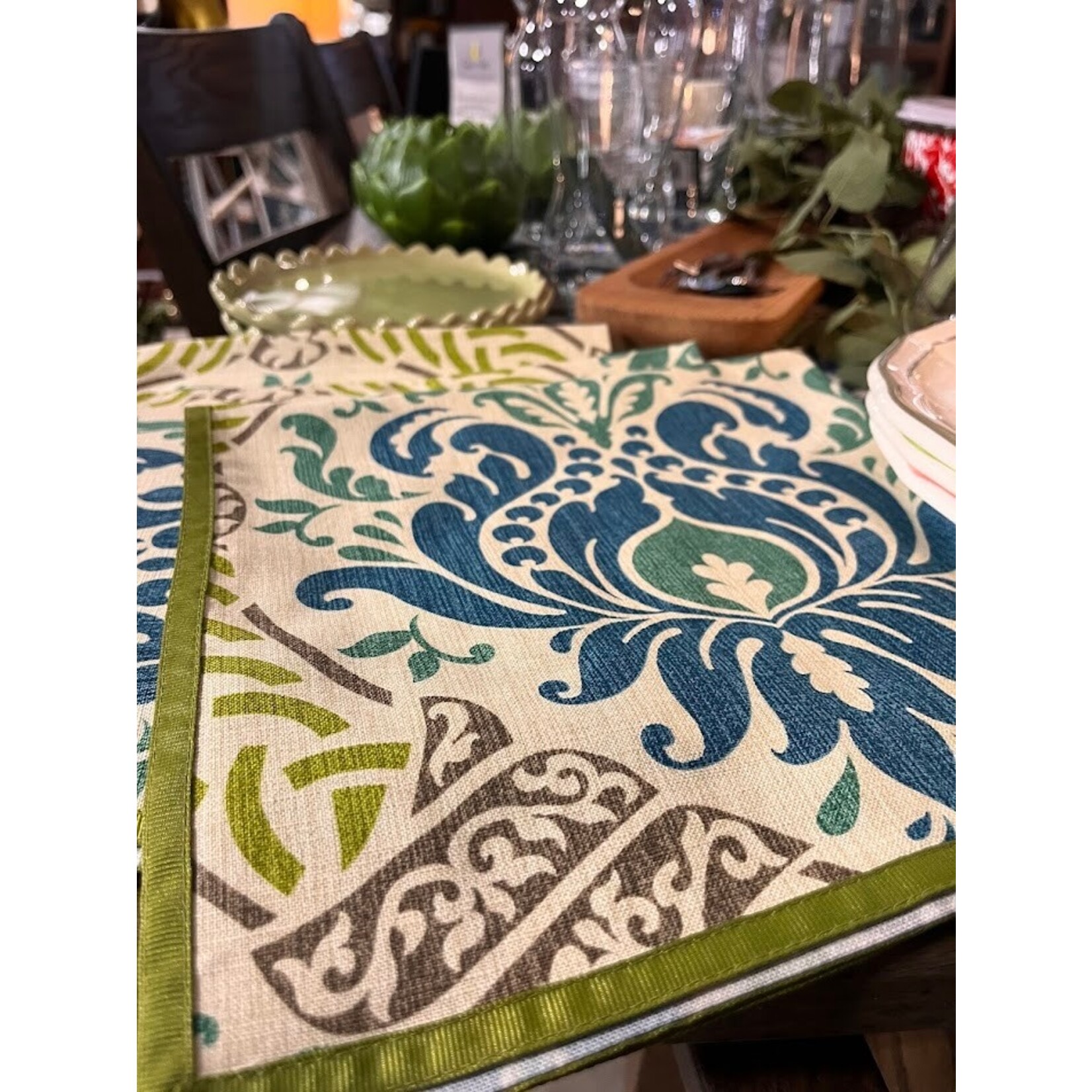 Karen Lee Ballard Peacock Teal Green Ribbon Damask Linen Napkin