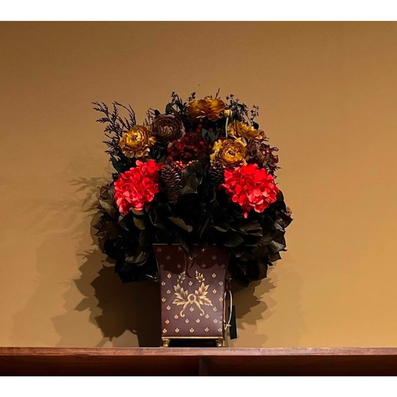 Bougainvillea Red Hydrangea in Tall Dark Red Painted Wooden Center Piece