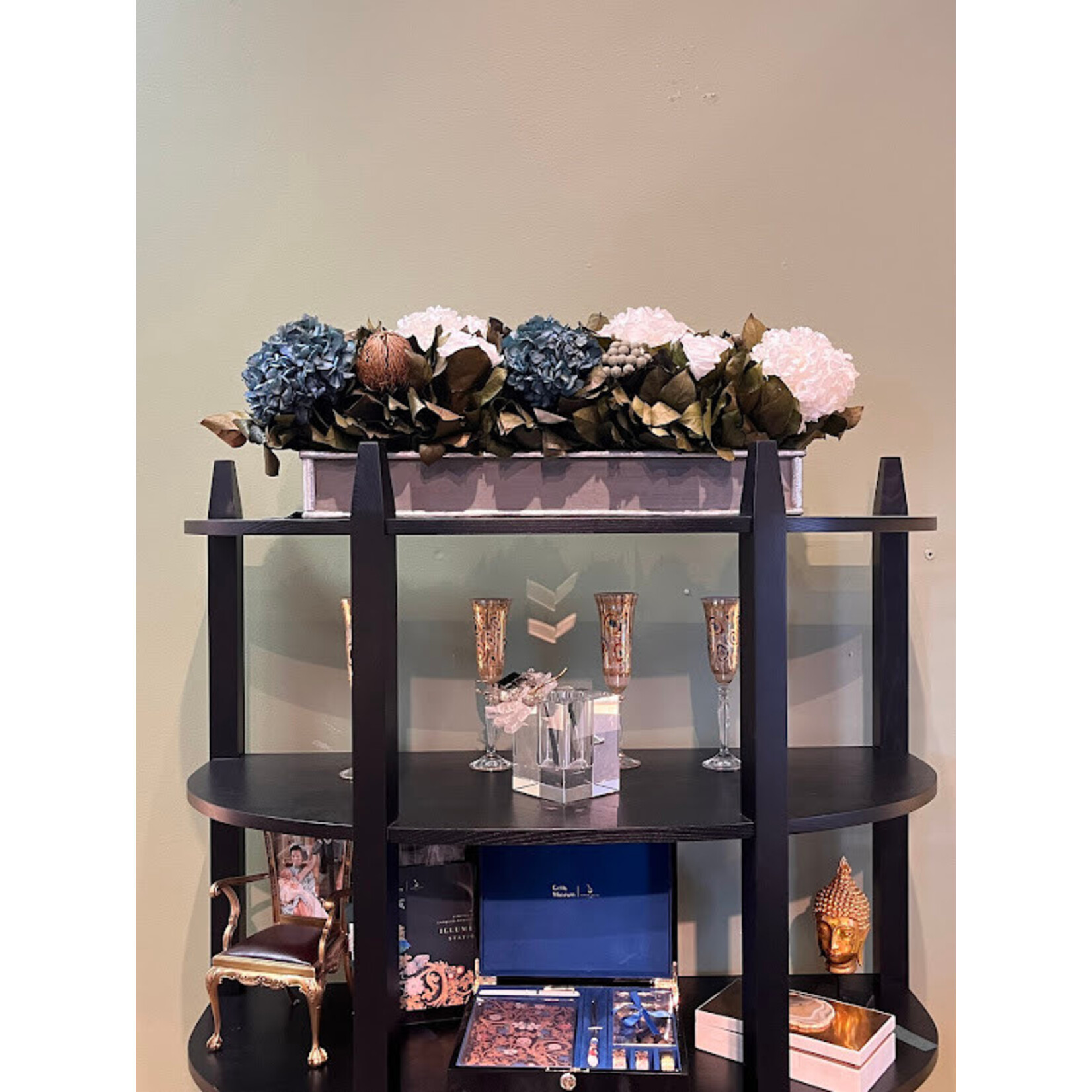 Bougainvillea Wooden Rectangle Box  Silver Roses White, Brunia Natural Brunia, Hydrangea Natural Blue & White Arrangement