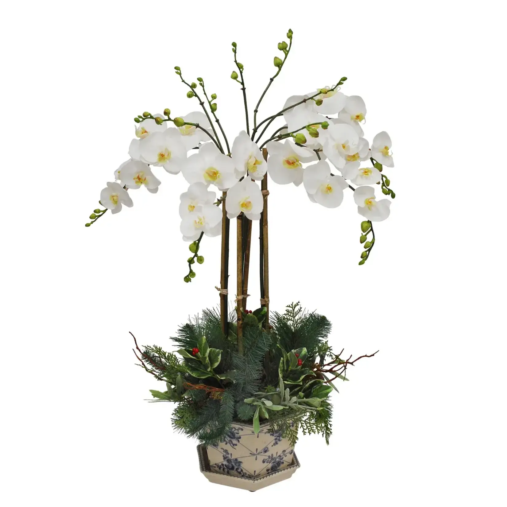 Winward Floral & Seasonal Decor Orchid with Holly Pick in Cache Pot