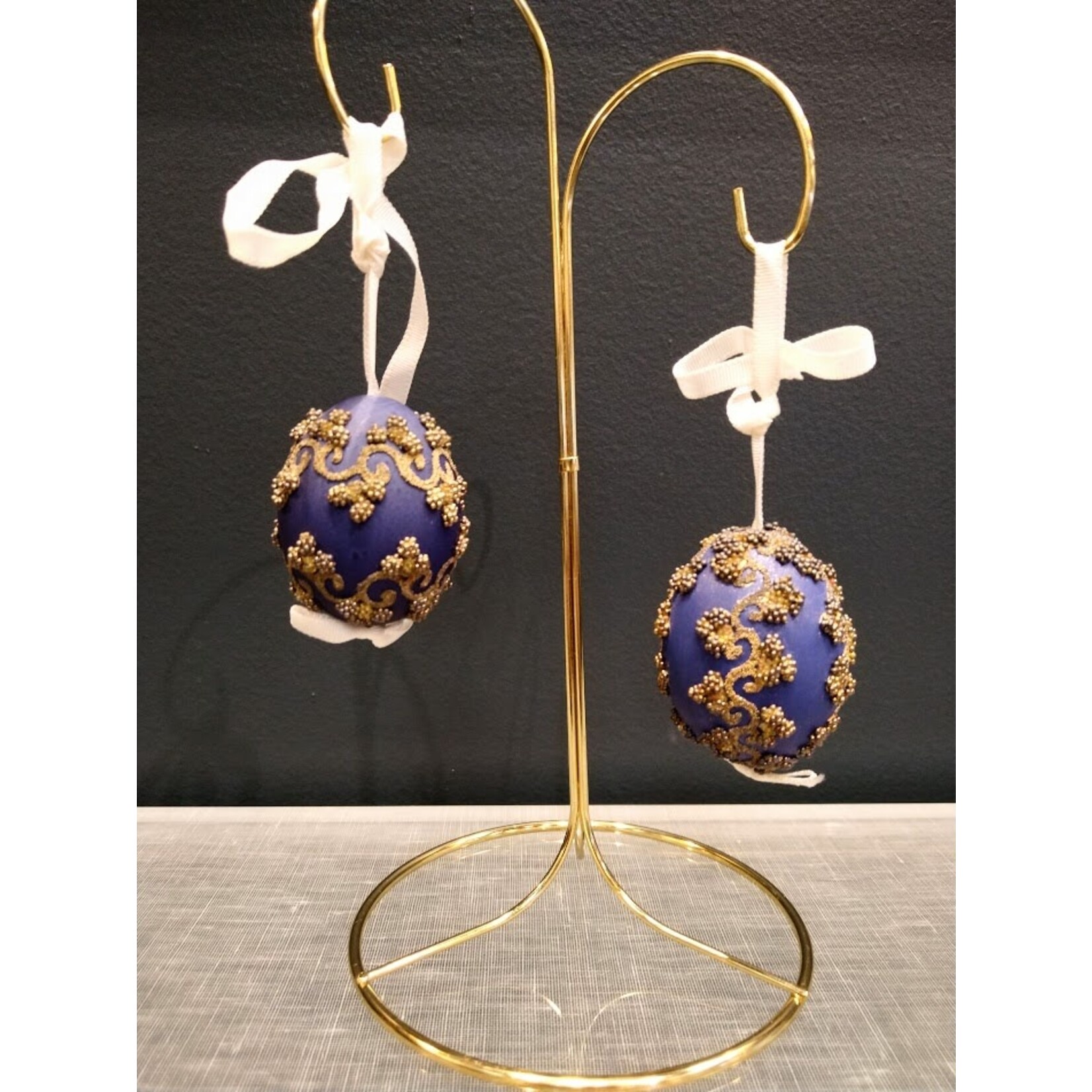 Peter Priess Hand Painted Cobalt Blue Egg Ornament with Gold Beads