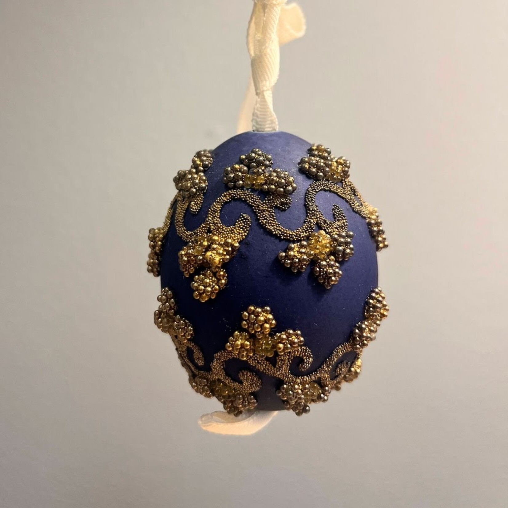 Peter Priess Hand Painted Cobalt Blue Egg Ornament with Gold Beads