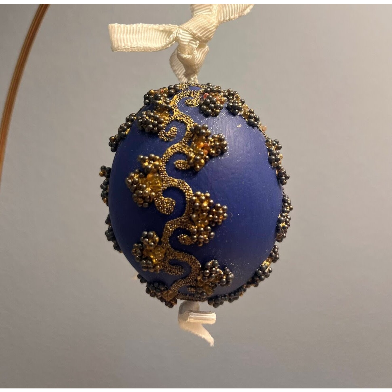 Peter Priess Hand Painted Cobalt Blue Egg Ornament with Gold Beads