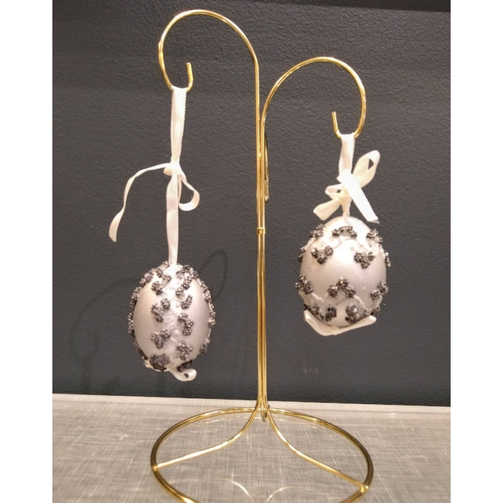 Peter Priess Hand Painted Silver Beaded Egg Ornament