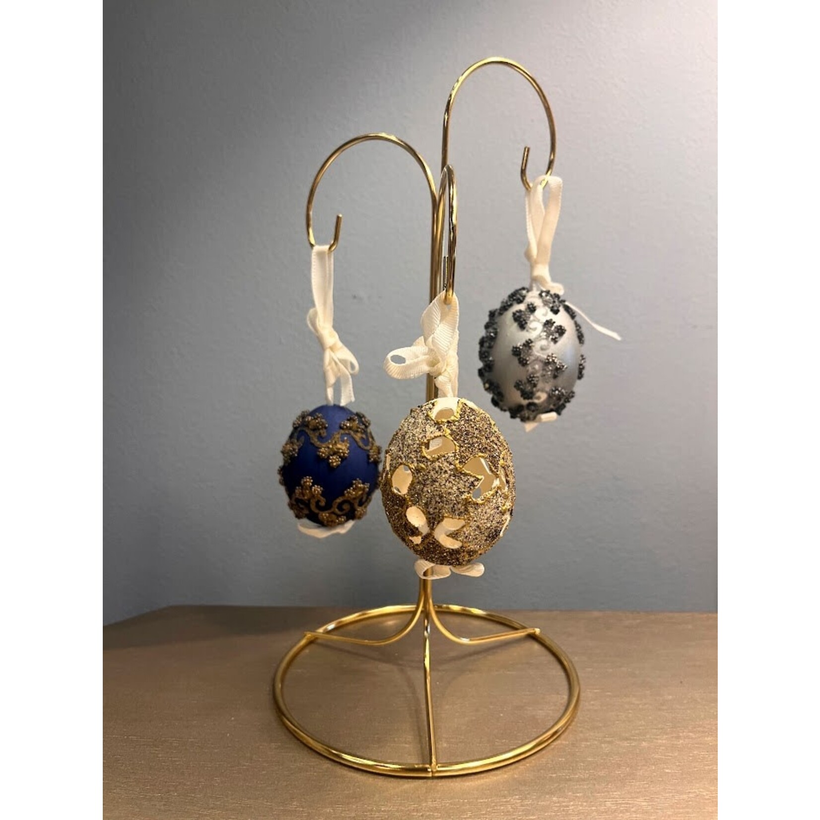 Peter Priess Hand Painted Silver Beaded Egg Ornament