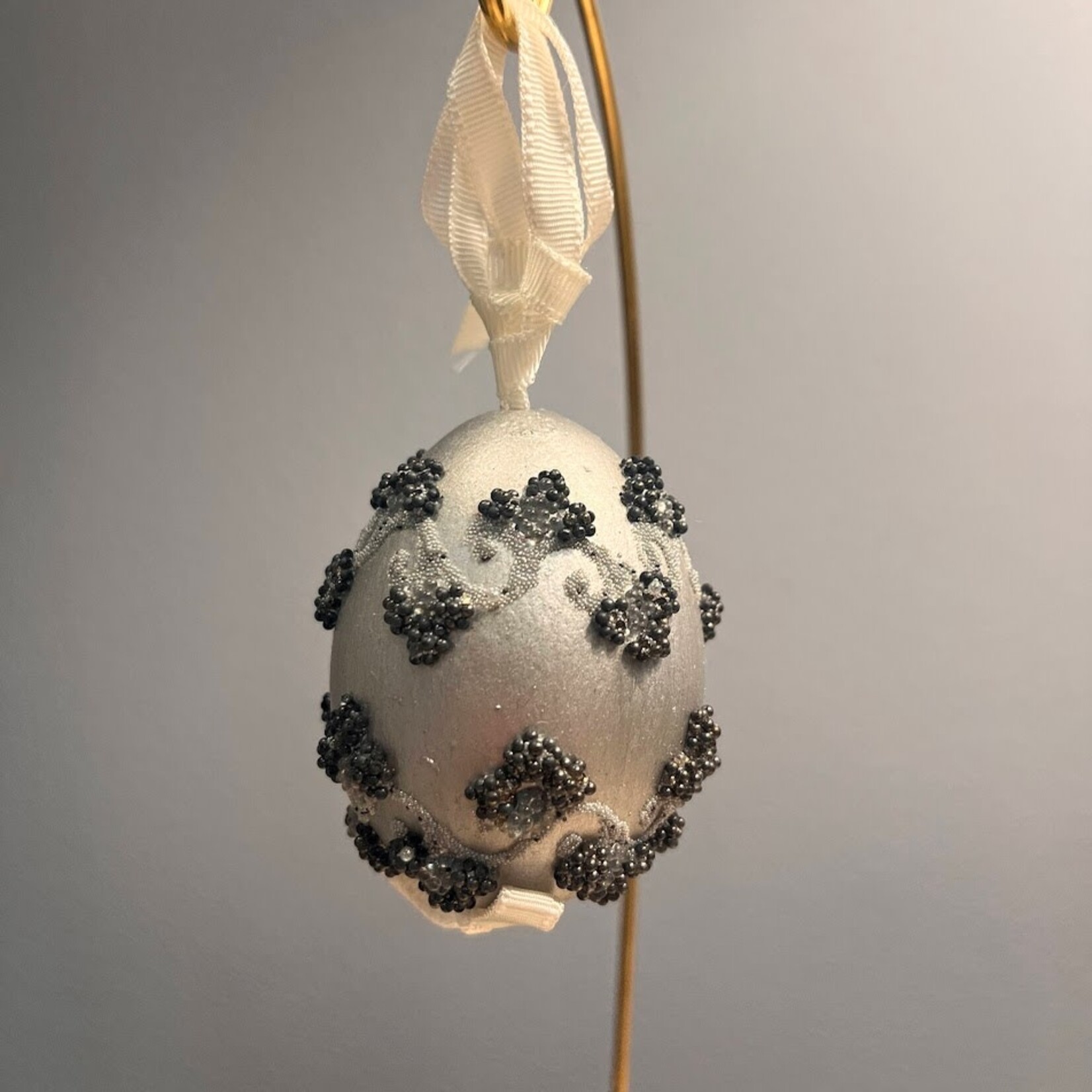 Peter Priess Hand Painted Silver Beaded Egg Ornament