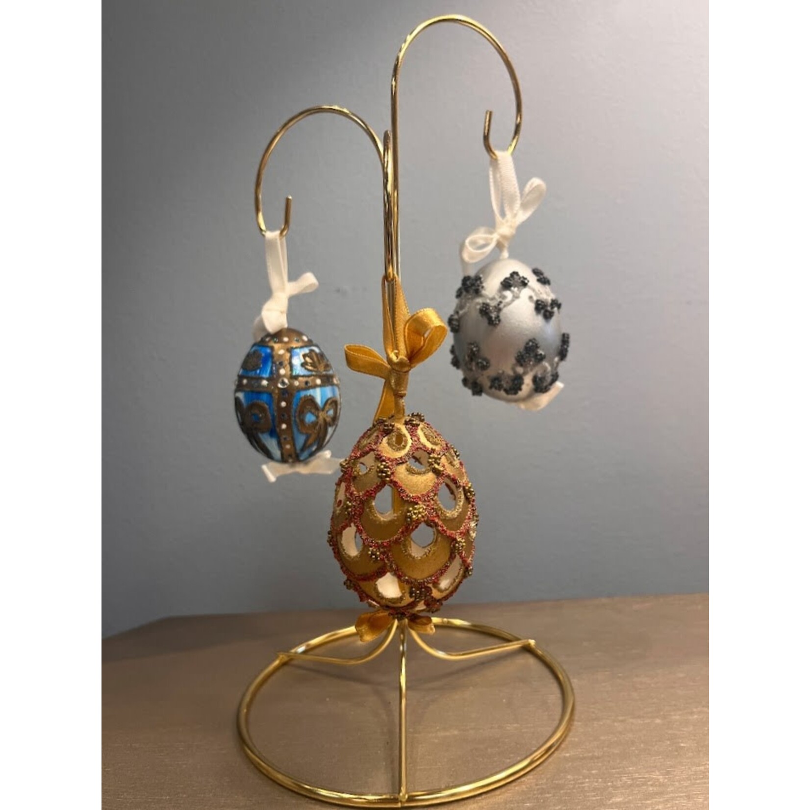 Peter Priess Hand Painted Silver Beaded Egg Ornament