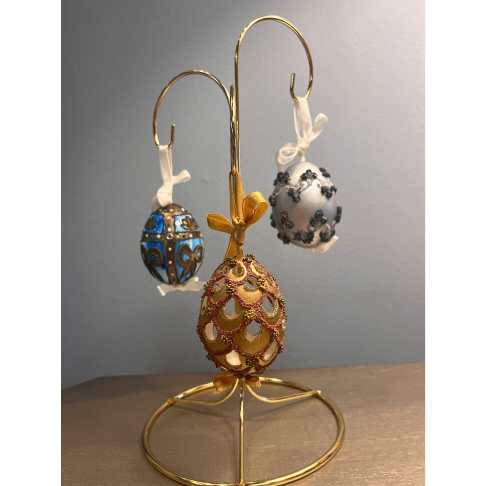 Peter Priess Handcrafted Cut Out Egg Ornament with Gold & Red Beads