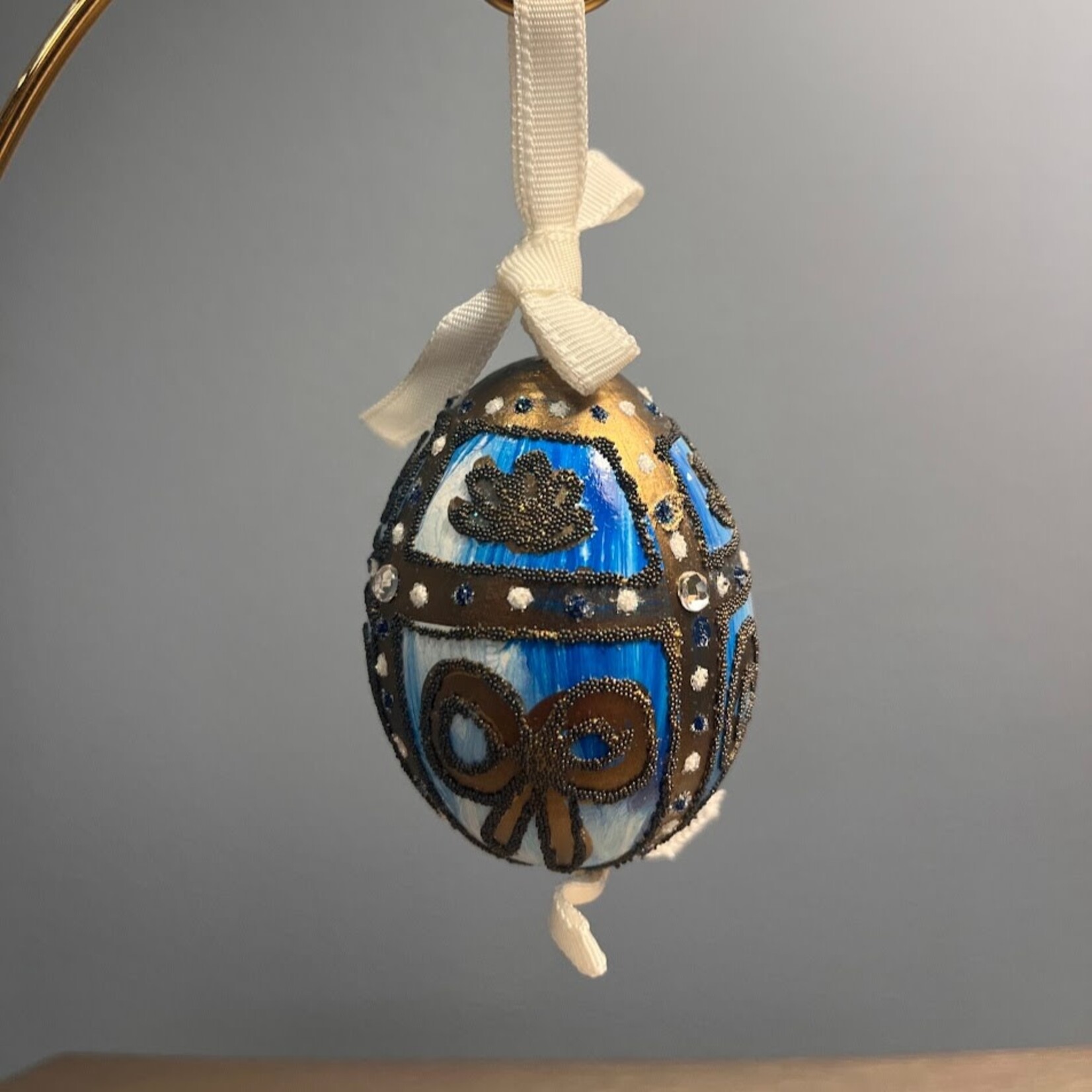 Peter Priess Hand Painted Light Blue & Gold Egg Ornament