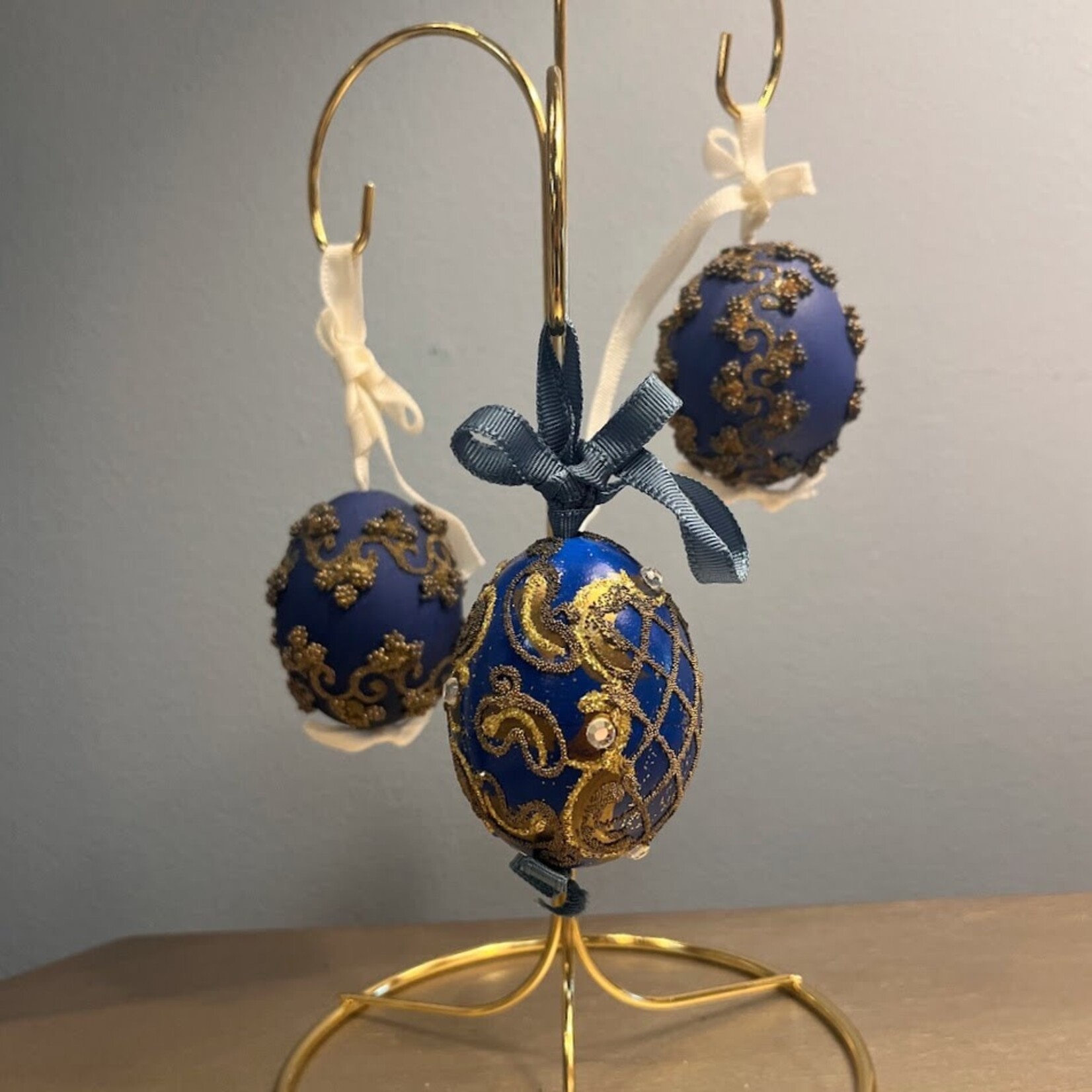 Peter Priess Hand Painted Royal Blue & Gold Egg Ornament