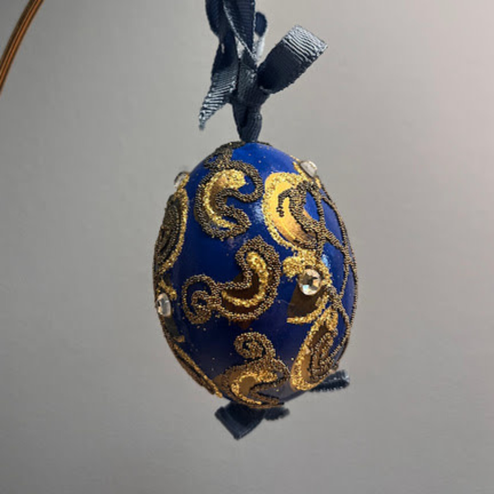 Peter Priess Hand Painted Royal Blue & Gold Egg Ornament