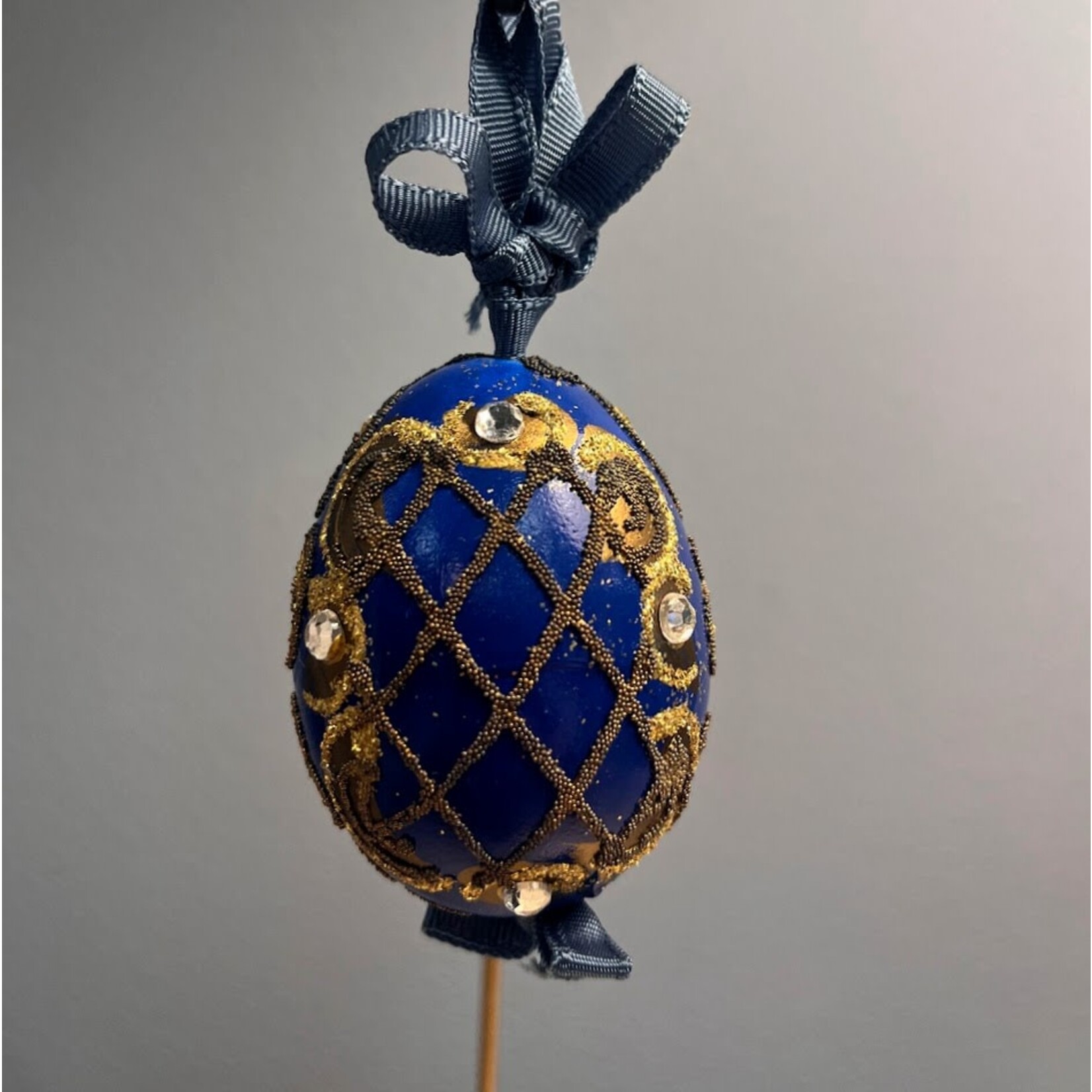 Peter Priess Hand Painted Royal Blue & Gold Egg Ornament