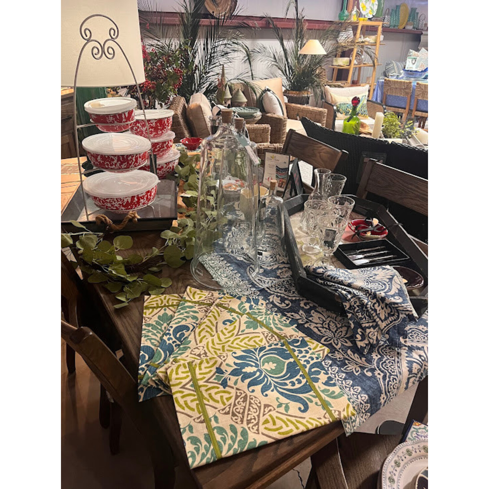 Karen Lee Ballard Damask Placemat Peacock Teal Green Ribbon