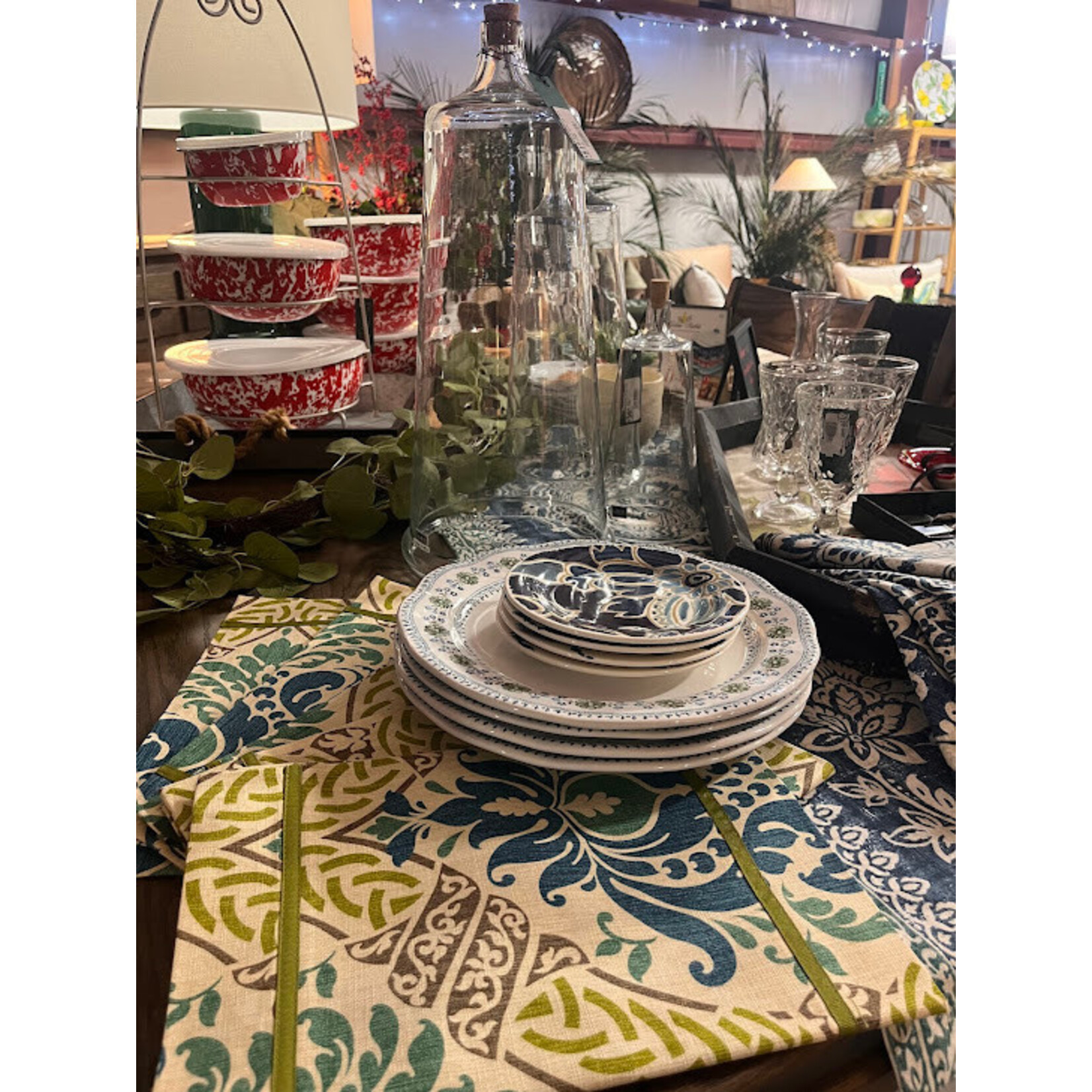 Karen Lee Ballard Damask Placemat Peacock Teal Green Ribbon