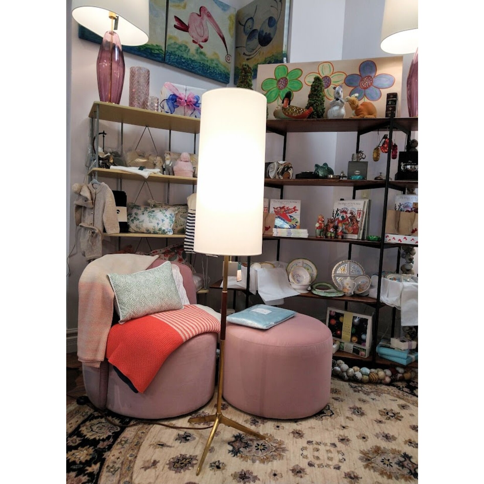 Visual Comfort Frankfort Floor Lamp in Hand-Rubbed Antique Brass with Mahogany Accents and Linen Shade
