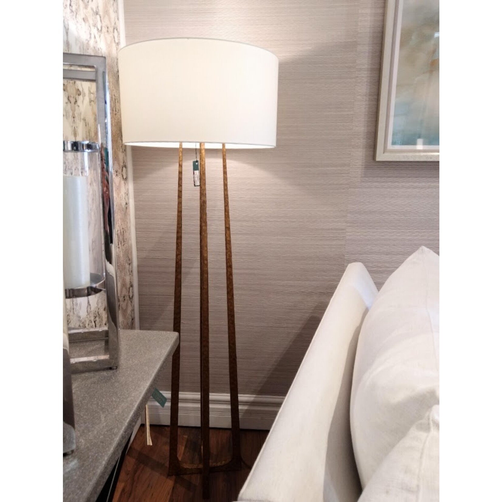 Visual Comfort Scala Large Hand Forged Floor Lamp in Gilded Iron with Natural Percale Shade