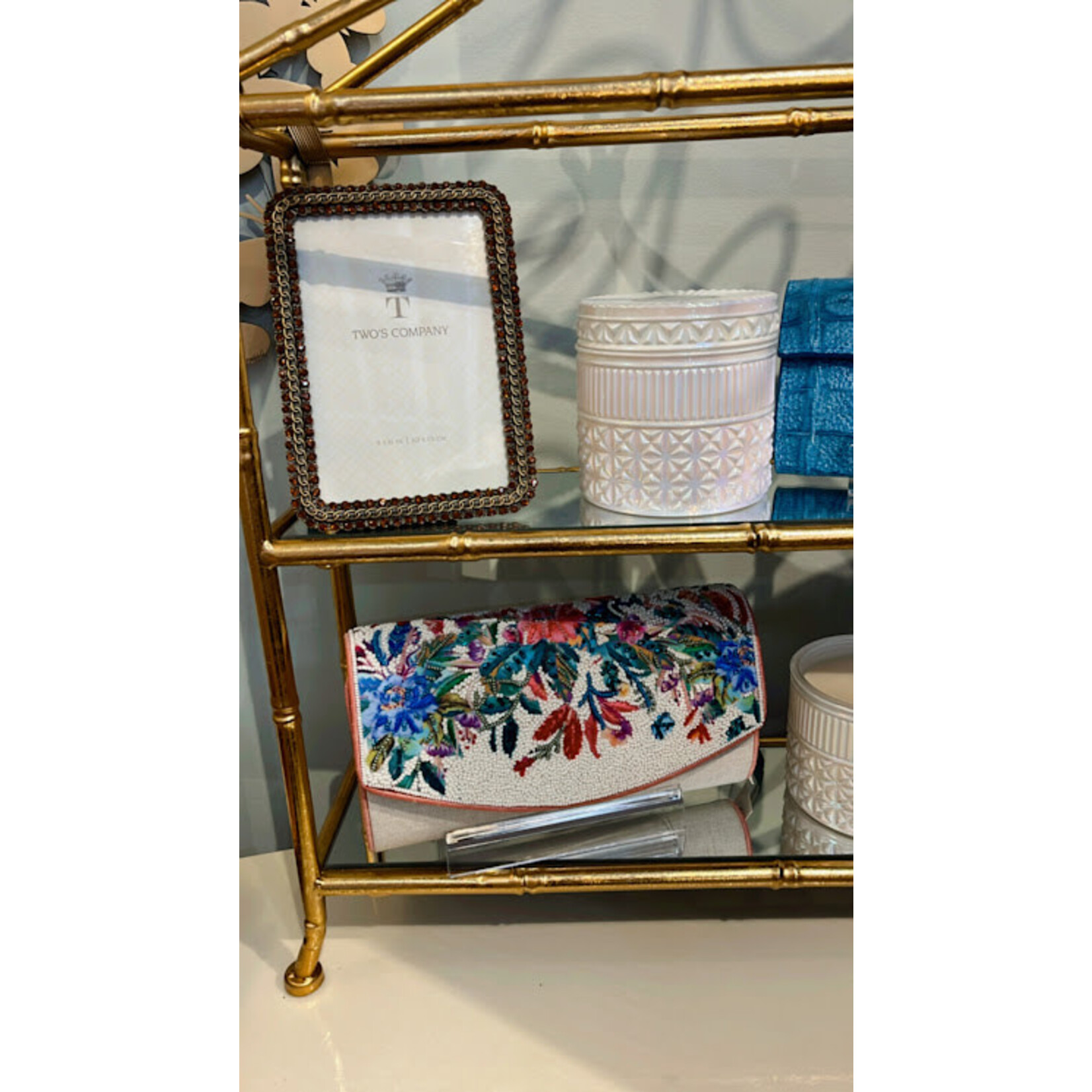 David Jeffery Beige Dupion with Multicolor Beads Embroidery & Chain Handbag Clutch